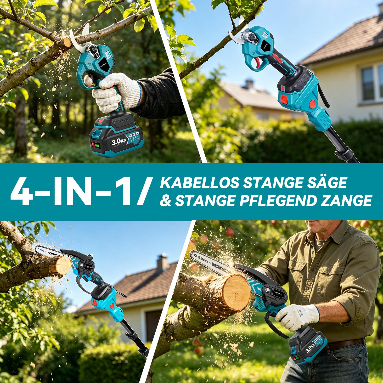Yofidra 8 Zoll Elektrische Kettensäge mit Teleskopstange & 30mm Elektrische Astschere, Hochentaster Akku mit 2x3000mAh Akkus, 4-in-1 Gartenwerkzeug Set, Max. Reichweite bis 4,2m, blau
