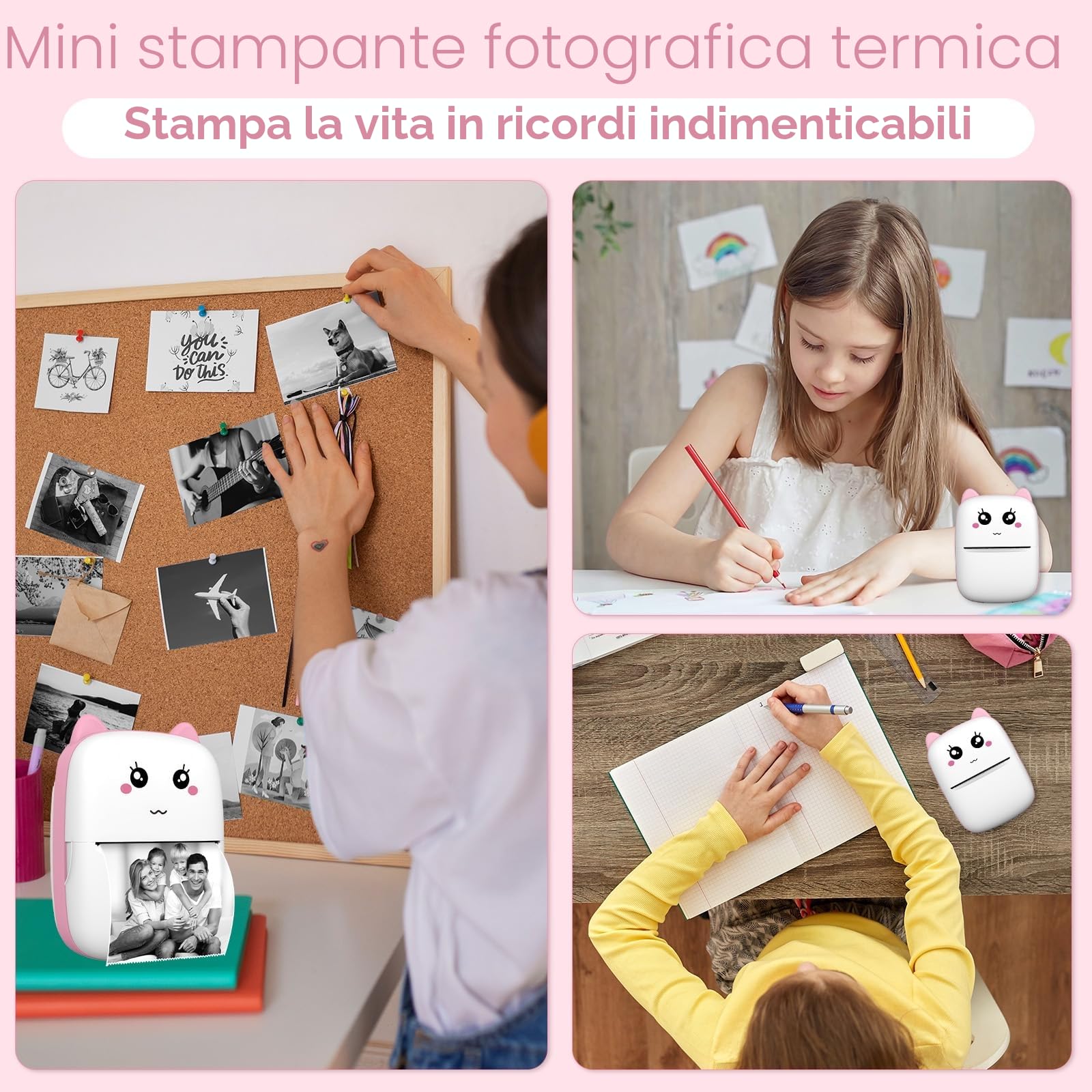 Mini Stampante Termica Portatile Bluetooth Senza Inchiostro per Smartphone, Stampa Foto, Etichette, Adesivi, Idea Regalo DIY (rosa)