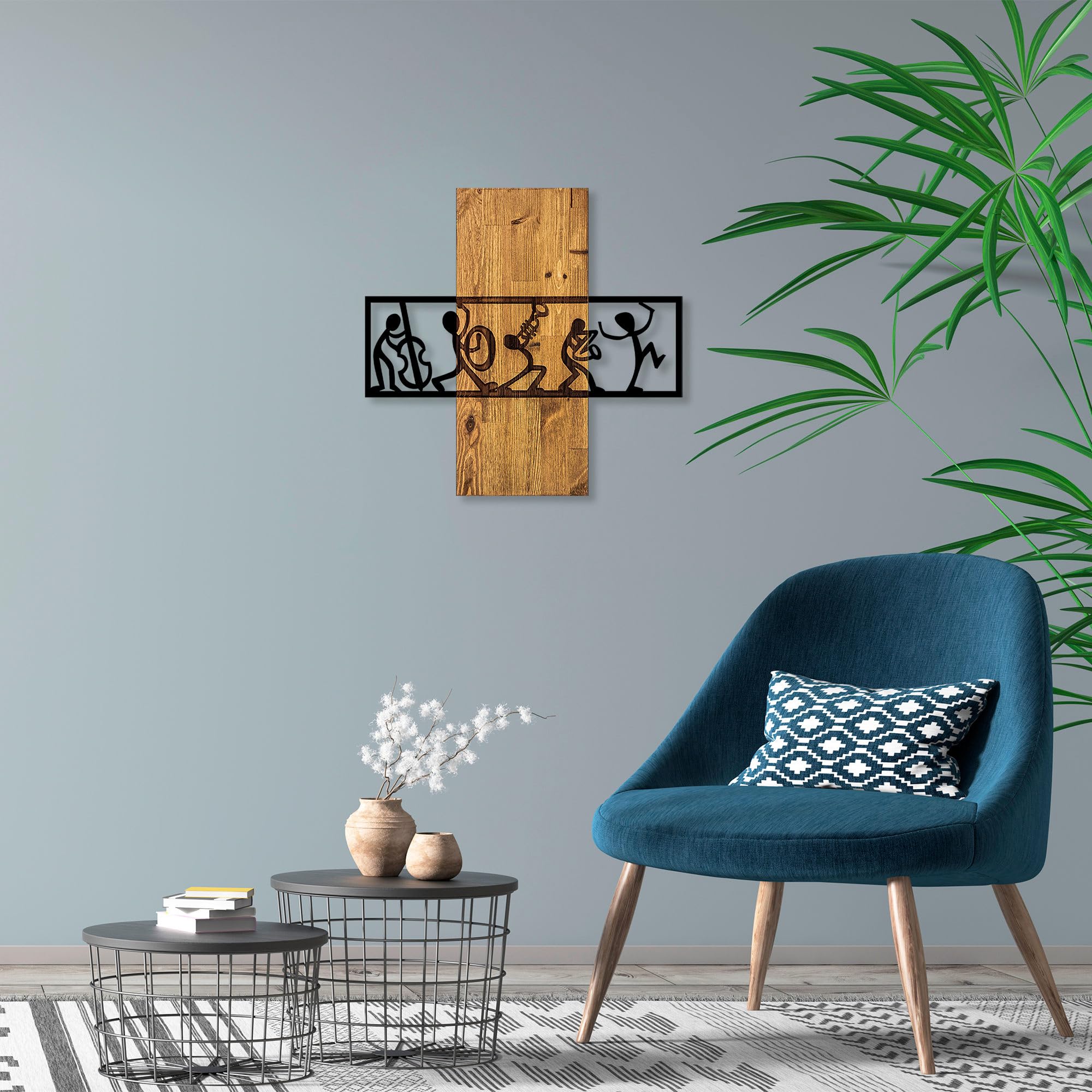 Elegant Decorative Wooden Wall Accessory, Walnut & Black, 58 x 61 cm, 50% Wood (3 cm) & Metal (1.5 mm), Unique Texture & Colour Variations