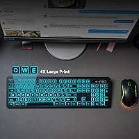 Vista 2 de Combo de teclado y mouse inalámbricos de impresión grande retroiluminada, teclados de tamaño completo de 2.4 G con teclas grandes iluminadas, teclas