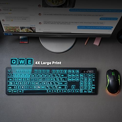 Miniatura 2 de Combo de teclado y mouse inalámbricos de impresión grande retroiluminada, teclados de tamaño completo de 2.4 G con teclas grandes iluminadas, teclas