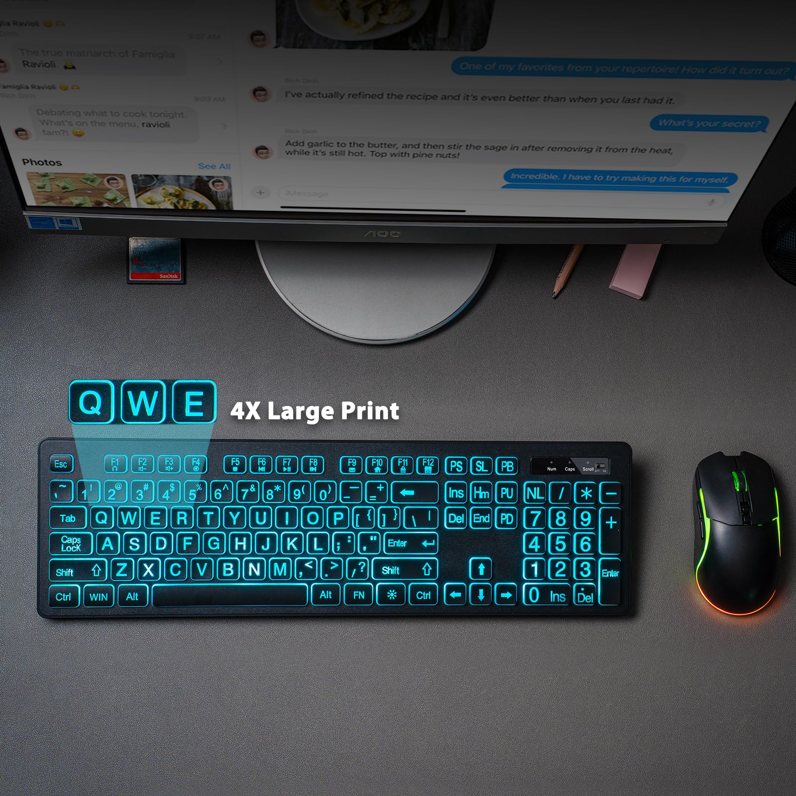 Backlit Large Print Wireless Keyboard and Mouse Combo, 2.4G Full Size Keyboards with Light Up Large Keys, Oversize Letters Keys Easy to See and Type, Quiet Keyboard Mouse for Windows, Laptop, PC