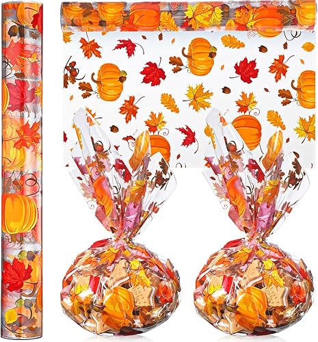 Papel de regalo de celofán de otoño, 100 x 16 pulgadas, 2.5 mil de grosor, rollo de envoltura de celofán transparente con temática de otoño,