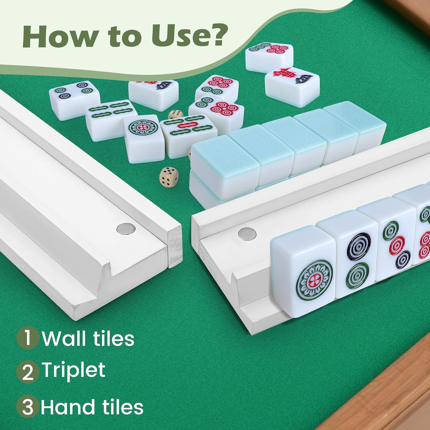 Mahjong Racks with Pushers Set of 4, All-in-One Tile Wooden Mahjong Racks 4 Strong Magnetism Attached Pushers, Dice & Storage Bags for American Mahjong Tile (White)