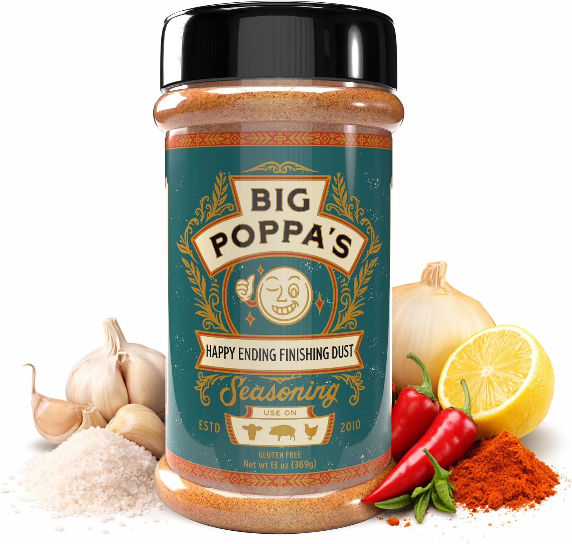 Big Poppa’s Happy Ending Finishing Dust – Prize-Winning BBQ Seasoning for Chicken, Pork and Beef – Savory Garlic & Sea Salt Blend for Juiciness and Flavor – Gluten-Free Smoke & Grill Rub (13 Oz)