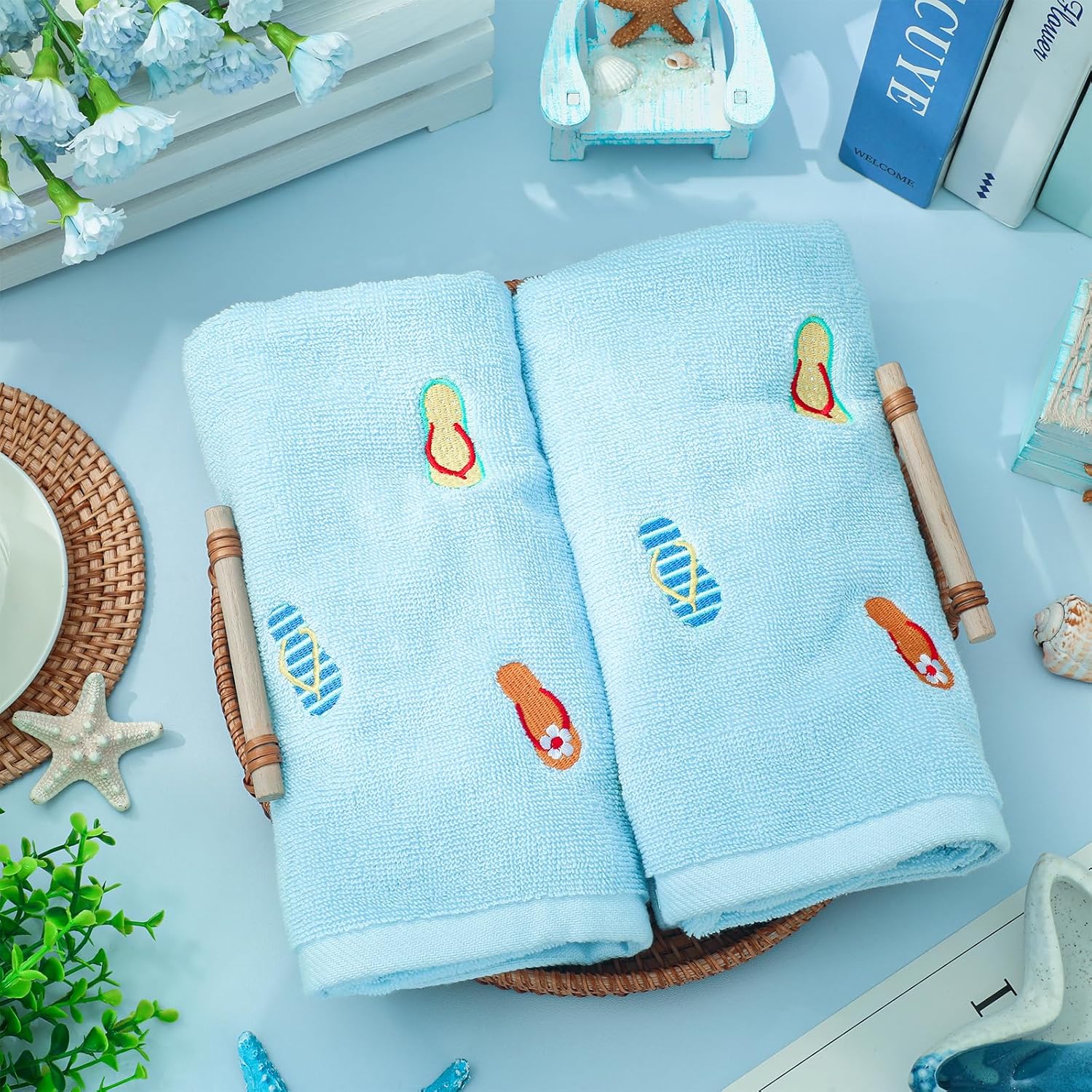 FYSUIMU 3 Pcs Summer Hand Towels Bath Towels Blue Flip-Flop Embroidered Absorbent Cotton Dish Towel for Home Bathroom Kitchen Hand Drying Cleaning Cooking, 29.5 x 13.7 Inch