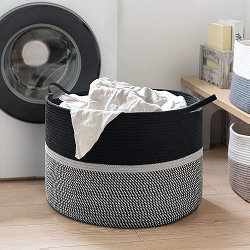 Miniatura 32 de CHICVITA XXL Canasta de cuerda de algodón tejida extra grande, canasta de manta de almacenamiento con asas, canasta de ropa decorativa, 22 x 22 x 14