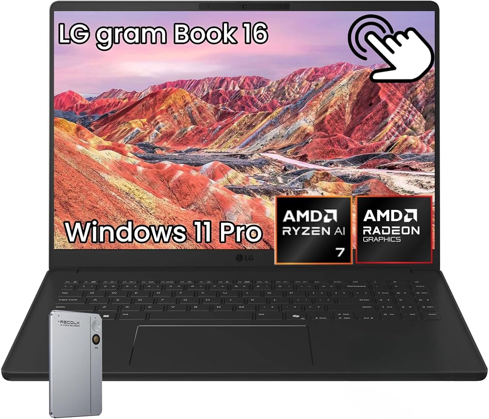 gram Book 16 Touchscreen Laptop, AMD Ryzen AI 7, 16GB LPDDR5, 2TB SSD | 50TOPS CPU, AMD Radeon Graphics, 2K 120Hz Touch Display, 26H Battery Life, Backlit KB, BT 5.4, Win 11 Pro, W/AI Recorder