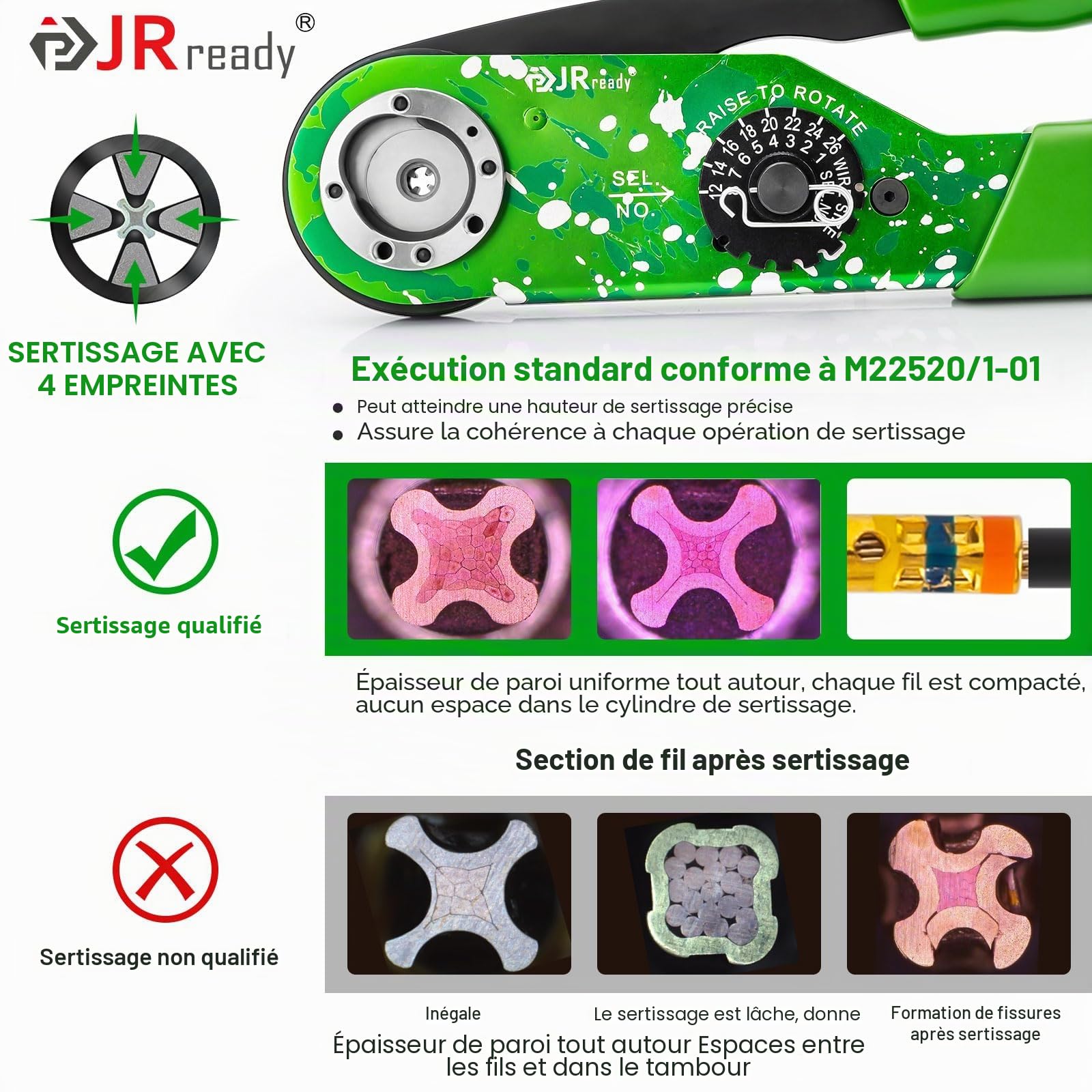 JRready NEW-ASF1G (Conforme Norme M22520/1-01) Outil Sertissage Aéronautique Standard Pour Sertissage Des Contacts Pin&Soc Allemand HARTING WAIN TE Series Connecteurs Pince Sertir Réglable 12-26 AWG