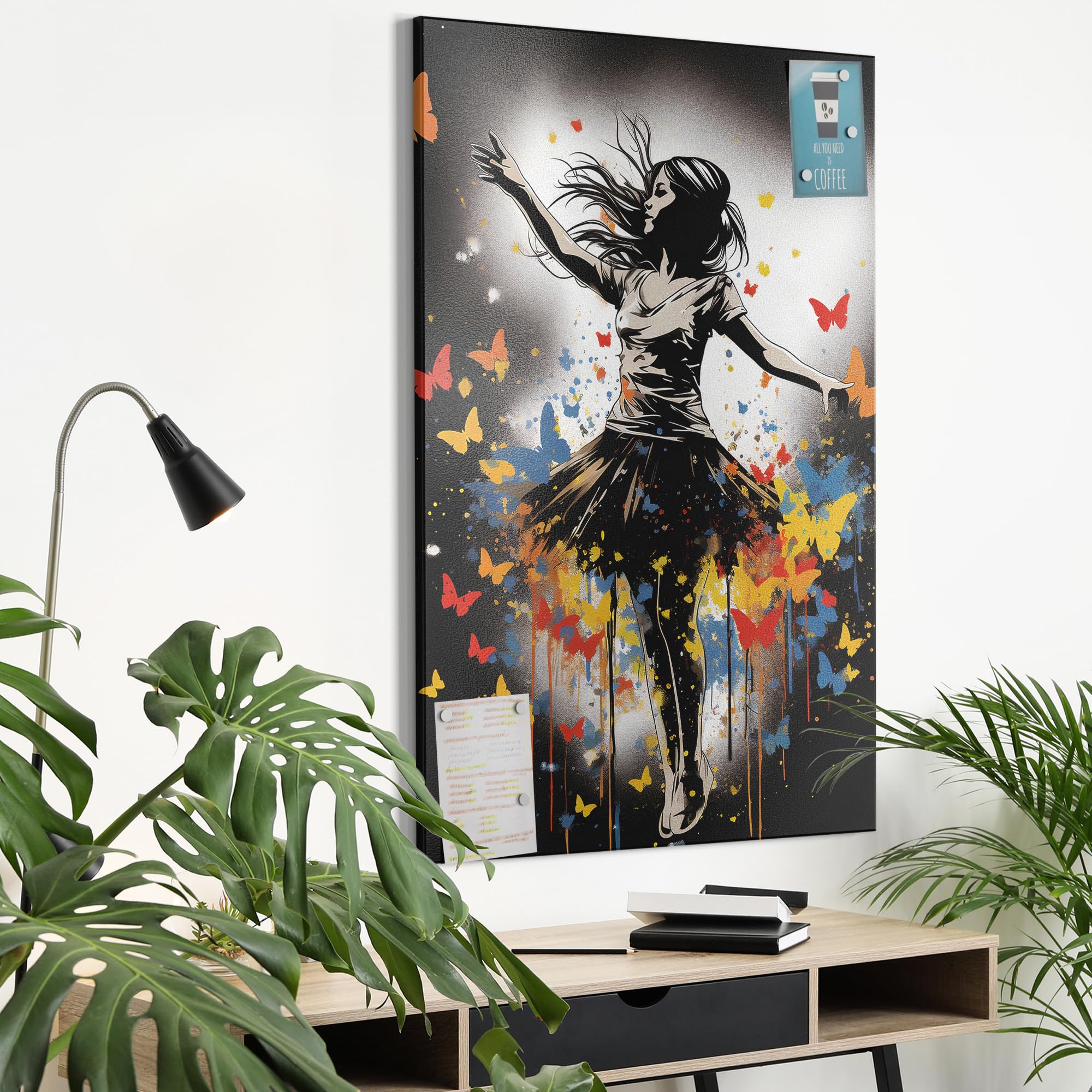 Metalowa tablica magnetyczna, wymiary 60 x 90 cm, motyw "dziurkacz motyla", tablica suchościeralna na wszystkie magnesy, tablica magnetyczna do kuchni i biura, designerska tablica magnetyczna