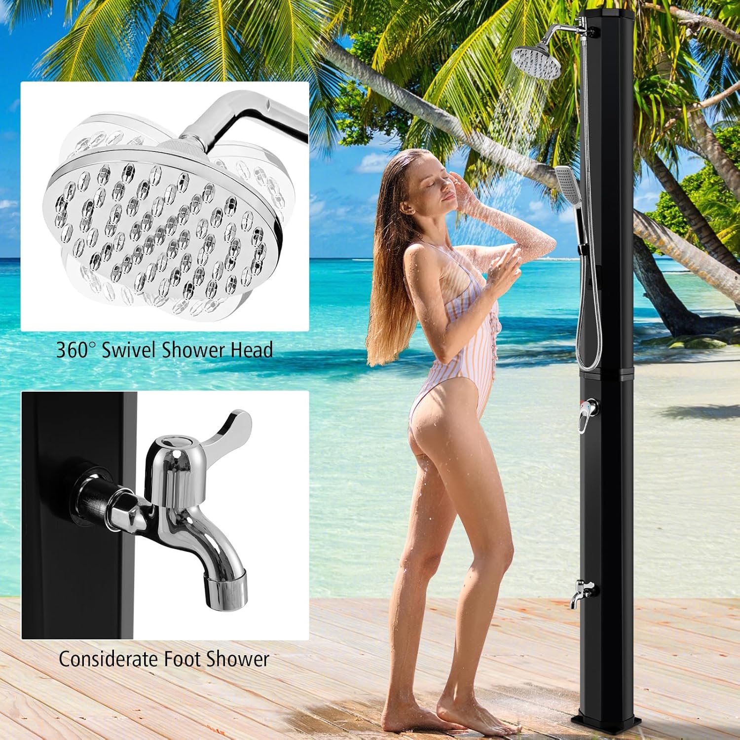 Image showing a person using the Goplus solar shower, highlighting the 360-degree swivel shower head and the foot shower faucet.