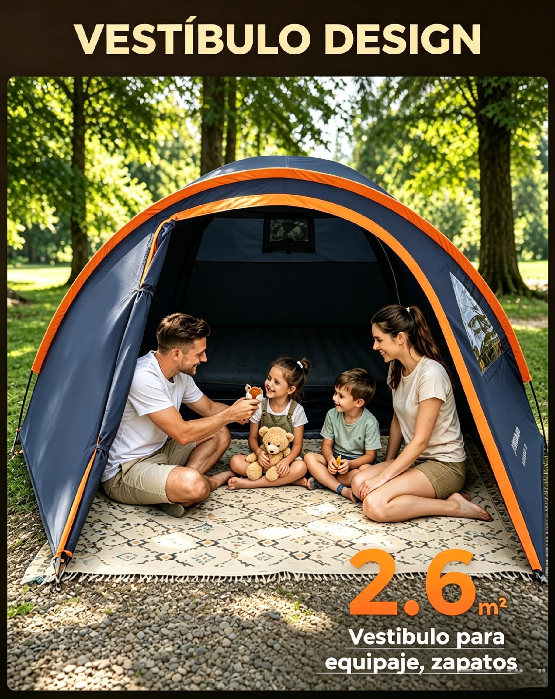 KingCamp 3-4 Personas Tienda Impermeable 3000mm Tienda Camping con Porche y Ventana PVC, Tienda Cúpula Doble Capa con Vestíbulo para Festival, Acampada Familiar, Jardín