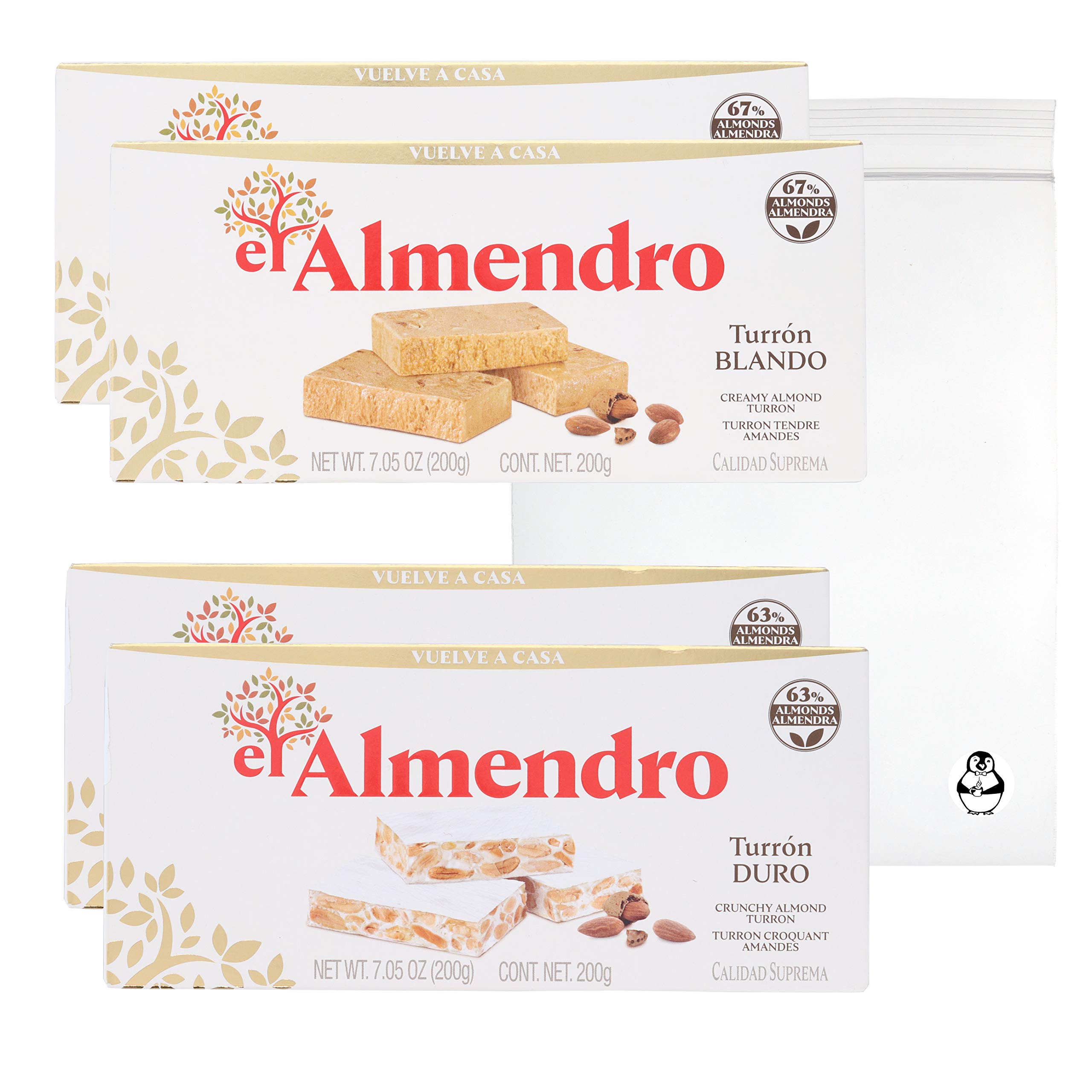 El Almendro – Lot de 4 paquets de 4 amandes croustillantes nougat et tourron doux – amande crémeuse turron turron Blando y Duro con Almendras Calidad Suprema avec pochette de rangement rapide premium