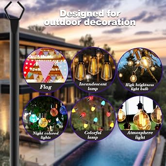 AHRLHR 6pack 3M String Light Pole, Metal Outdoor String Light Pole, Suitable for Courtyard,Backyard,Garden,Patio,Party,Wedding Hanging Light Pole,Rustproof and Sturdy with Hooks. [Energy Class A]