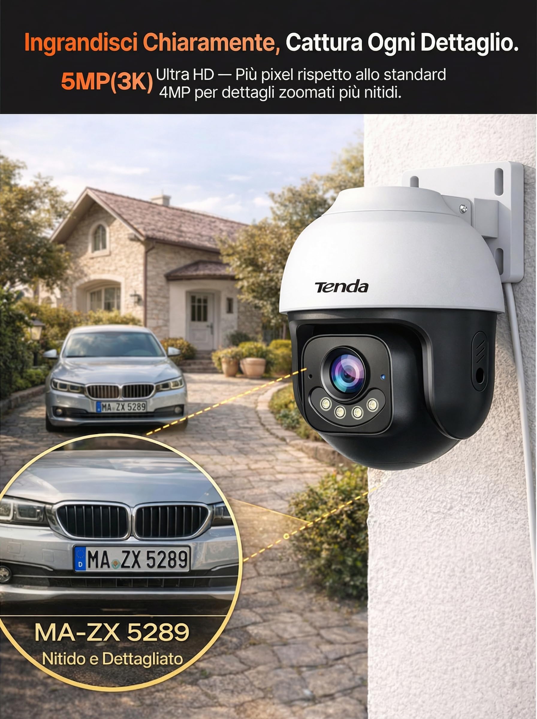 Tenda 5MP 3K Telecamera Wi-Fi Esterno, Wi-Fi 6 Videocamera Sorveglianza Esterna con Visione Notturna a Colori, 360° PTZ Auto Tracking, Rilevamento Umano/Veicoli AI, Solo 2.4GHz WiFi, Compatibile Alexa