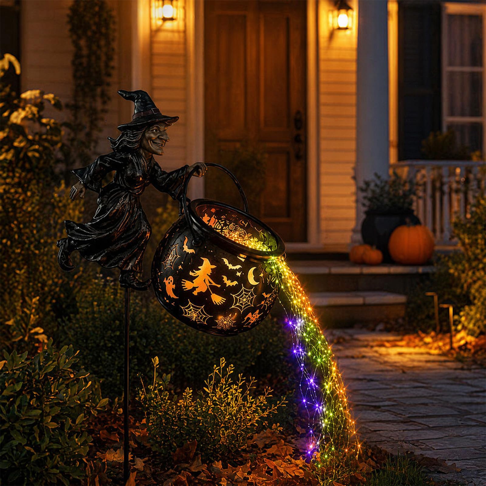 Halloween Flying Witch Cauldron Garden Stake Light Outdoor Decor