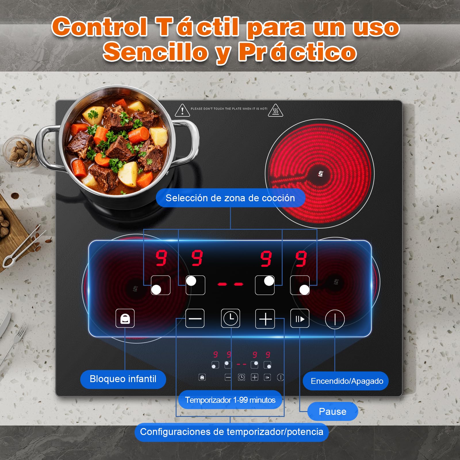 Placa Vitrocerámica Eléctrica de 4 Fuegos, 60cm Incrustar, 6000W, Compatible con Todo Tipo de Menaje, Control Táctil, 9 Niveles, Temporizador 1-99 Min