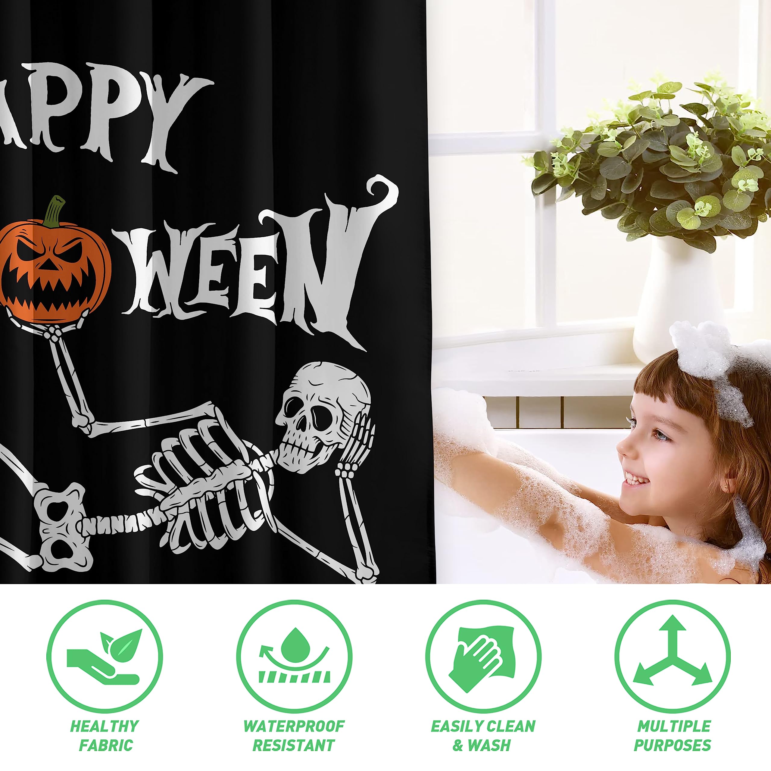 Totenkopf Duschvorhang Schwarz-Weiß – Halloween Gothic Badezimmer Deko Mit Haken 91,4 X 183,9 Cm
