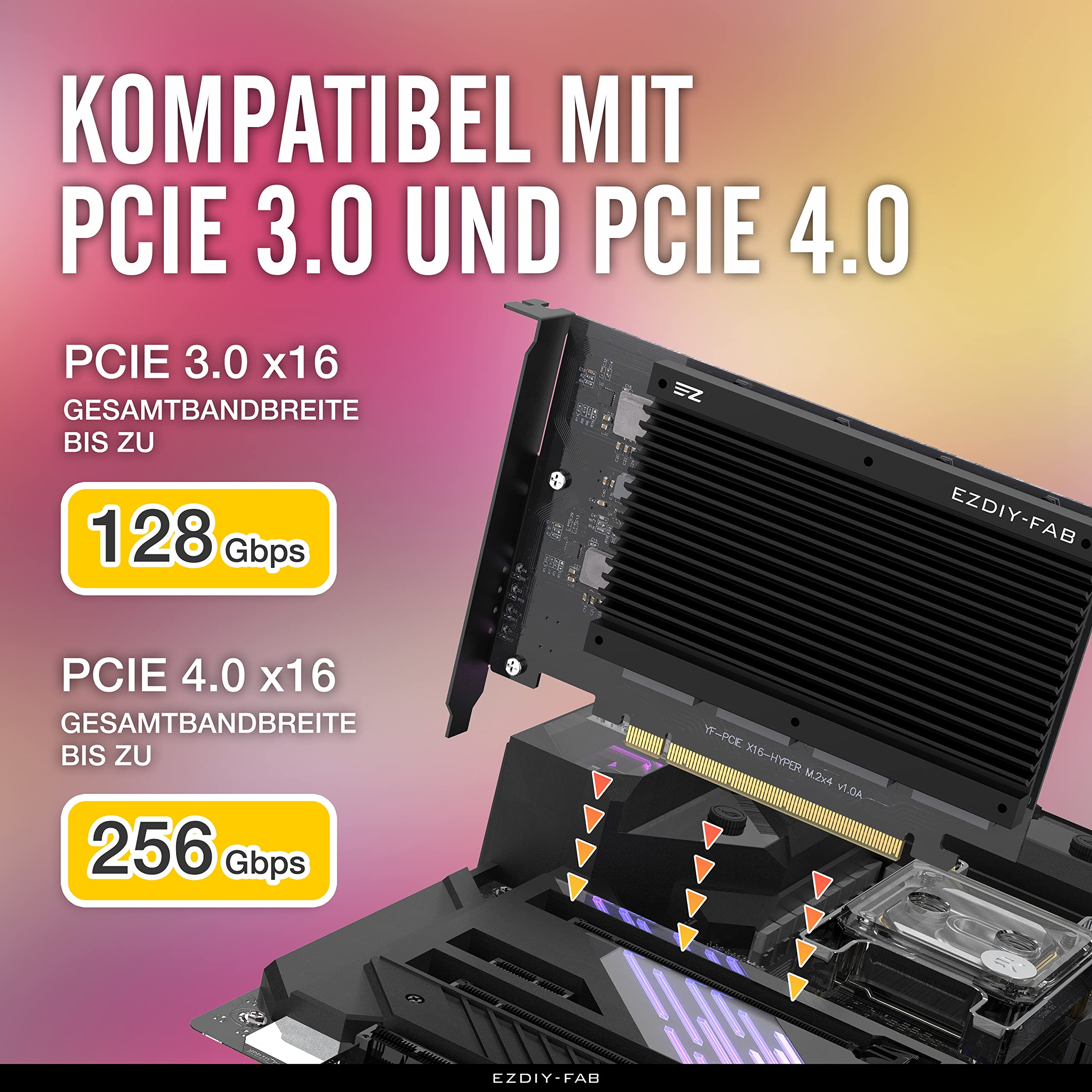 EZDIY-FAB Quad M.2 PCIe 4.0/3.0 X16 Cad de expansión con disipador de Calor, Compatible con 4 SSD PCIe NVME M.2, Raid en CPU (VROC) en Plataforma Intel y Raid PCIe 4.0 en Plataforma AMD, se Requiere