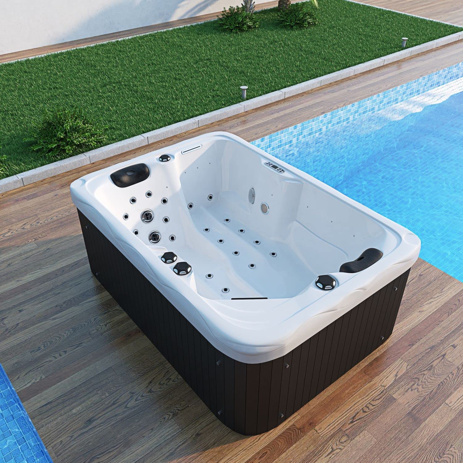 Tronitechnik® Outdoor Whirlpool, 2,2kW Pumpe, 3kW Heizung - Maße 190 x 135 x 77cm - Inkl. Heizung, 41 Massagedüsen und 16 Lichtquellen | Außen Whirlpool Spa für 2 Personen