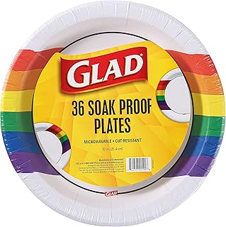 Glad Everyday Round Disposable 10” Paper Plates with Rainbow Design | Heavy Duty Soak Proof, Cut-Resistant, Microwavable Paper Plates for All Foods & Daily Use | 10 Inches, 36 Count