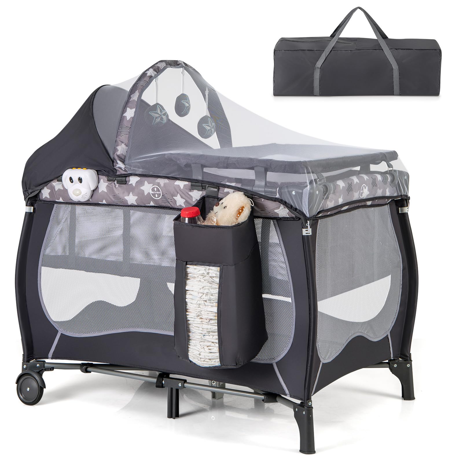 DREAMADE 4 en 1 Lit Parapluie Bébé 102x72x74CM avec Matelas&Moustiquaire Lit de Voyage Tout-Petites 0-3 Ans avec Porte-Couche,Roue Verrouillable,Table à Langer,Boîte à Musique,Charge 15KG (Étoilé)