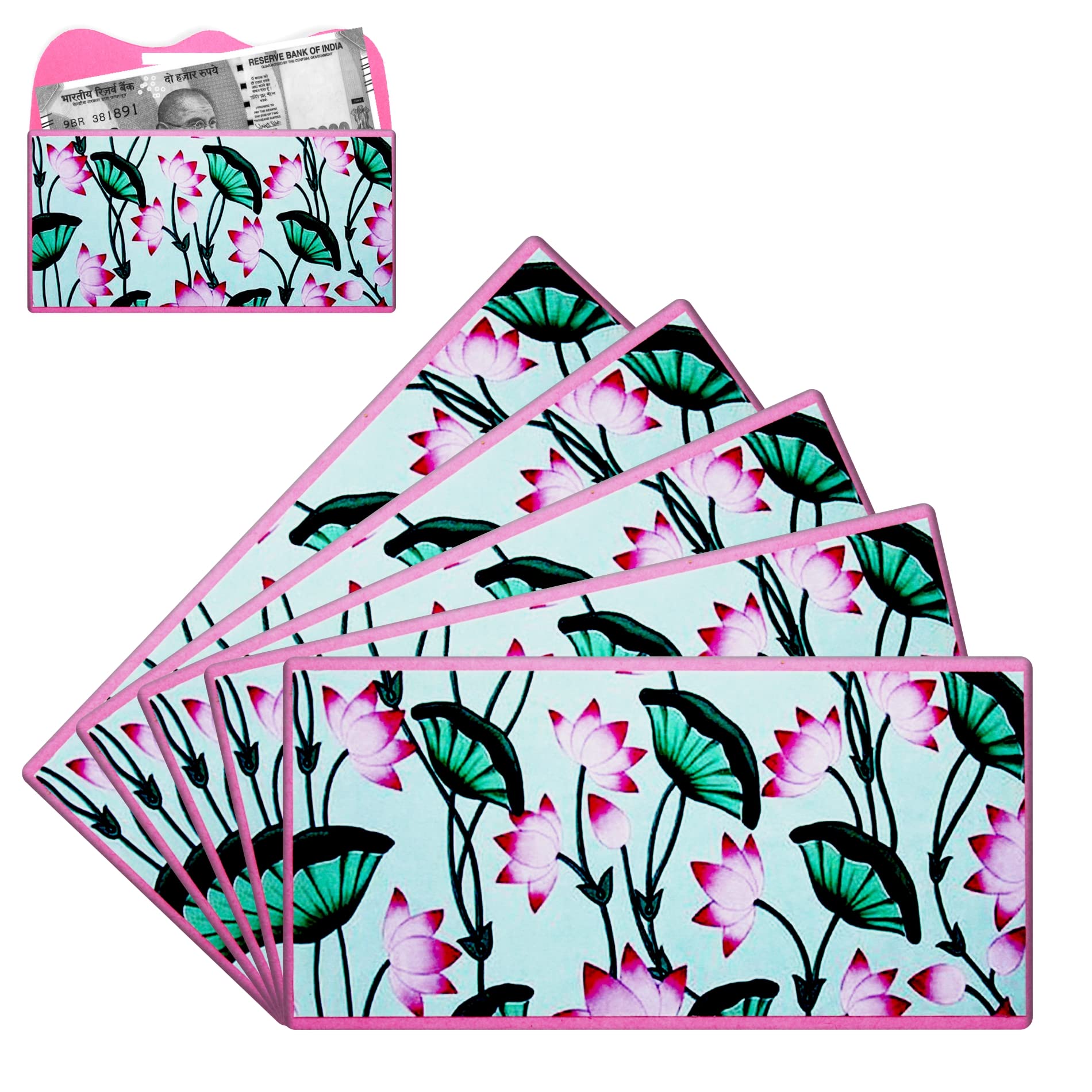 Home Genie Money Envelope for Wedding, Birthday, Reception, Engagement | Premium Money Envelopes | with Pink Lotus Pichwai Painting | Envelope for Gifting Money (Pack of 5)