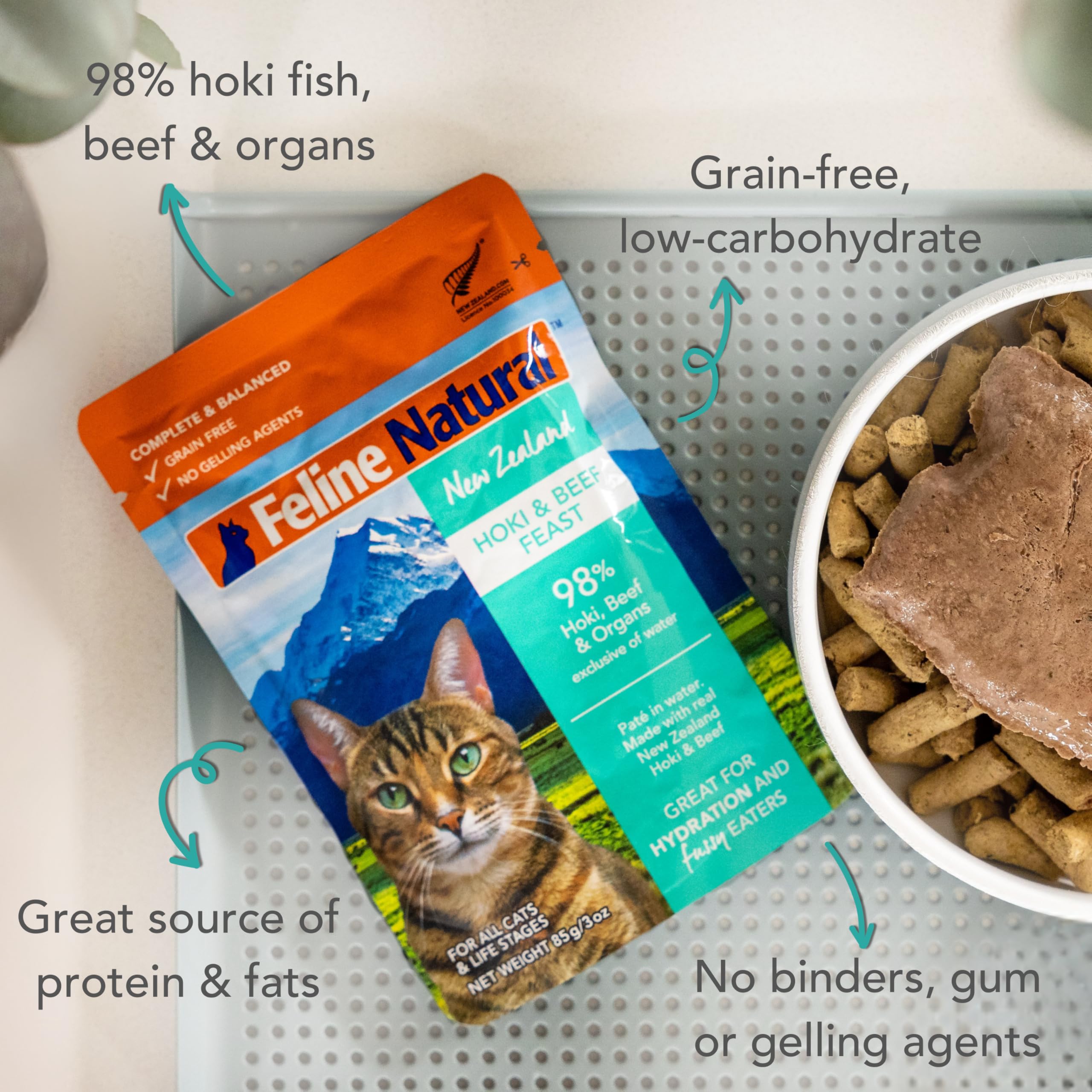 Feline Natural Wet Cat Food Pouch - Hoki & Beef Feast, Grain-Free, Grass-Fed & Sustainably Sourced, Made in New Zealand, 3oz Pate, 12 Count Pack