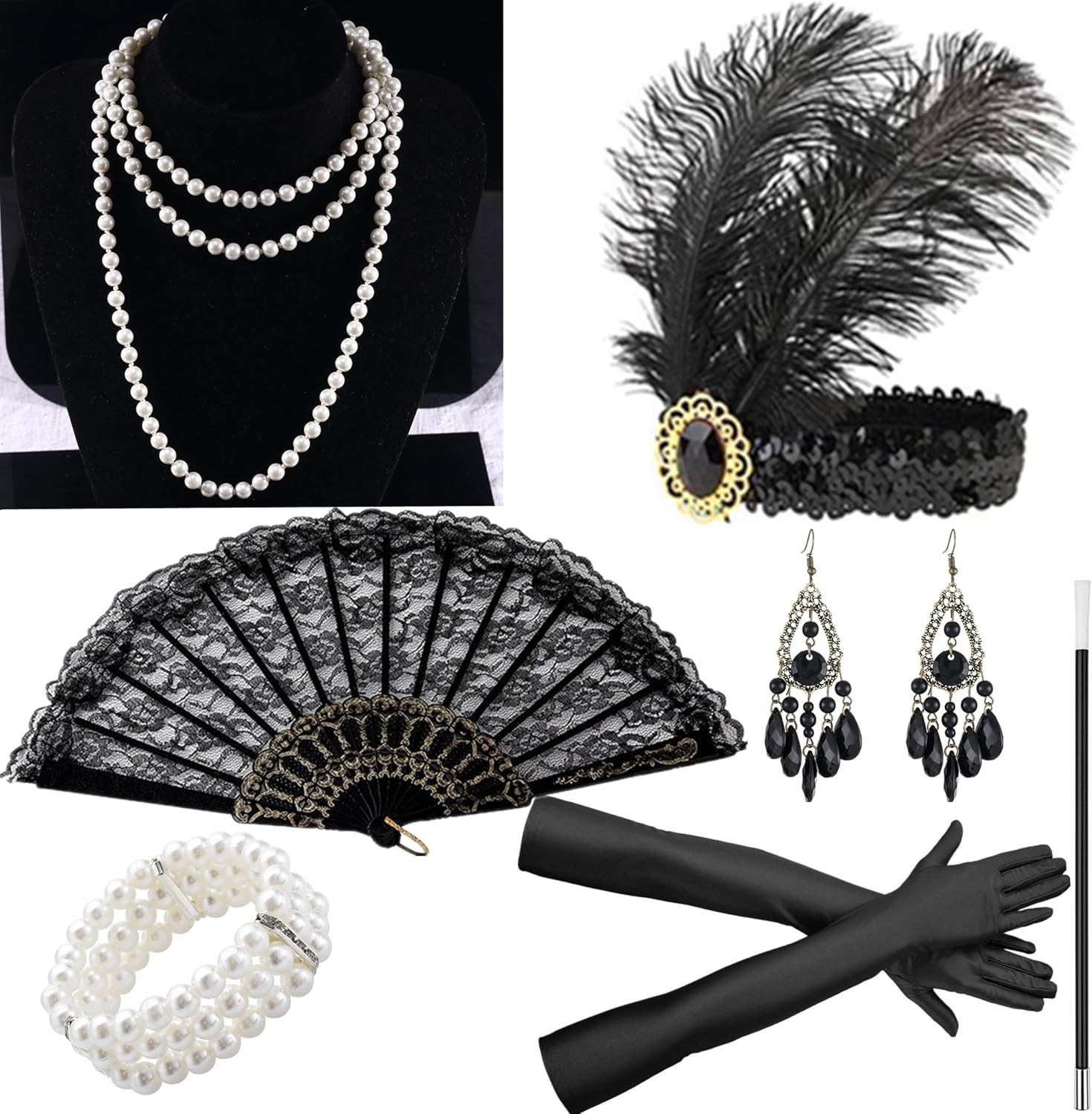 Women's V-neck Dresses 8-piece set 1920s Fringed Sequin Dress with 20s Accessories -20s Accessories Set