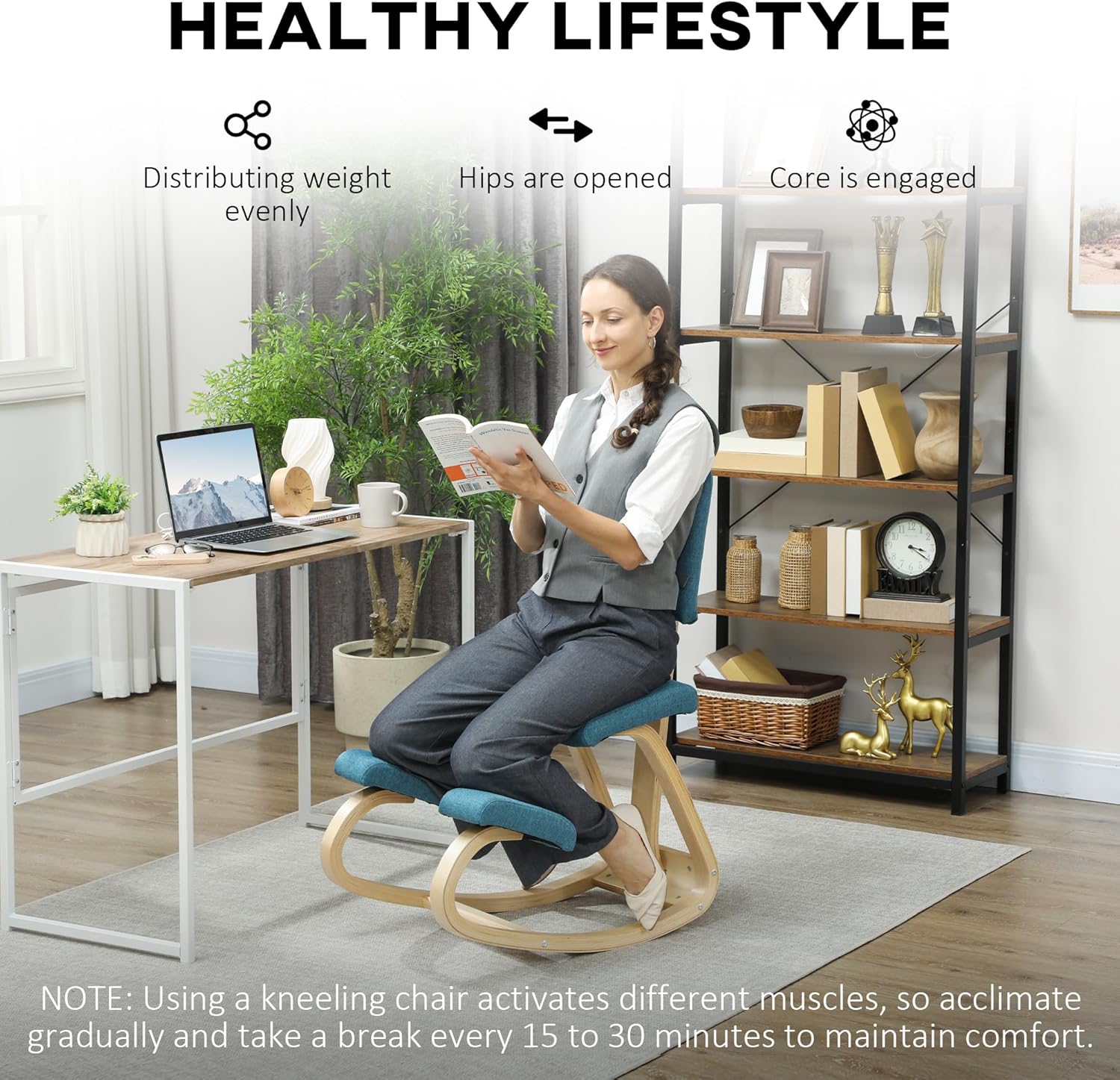 Woman reading on the HOMCOM Ergonomic Kneeling Chair with text highlighting benefits like even weight distribution, open hips, and engaged core
