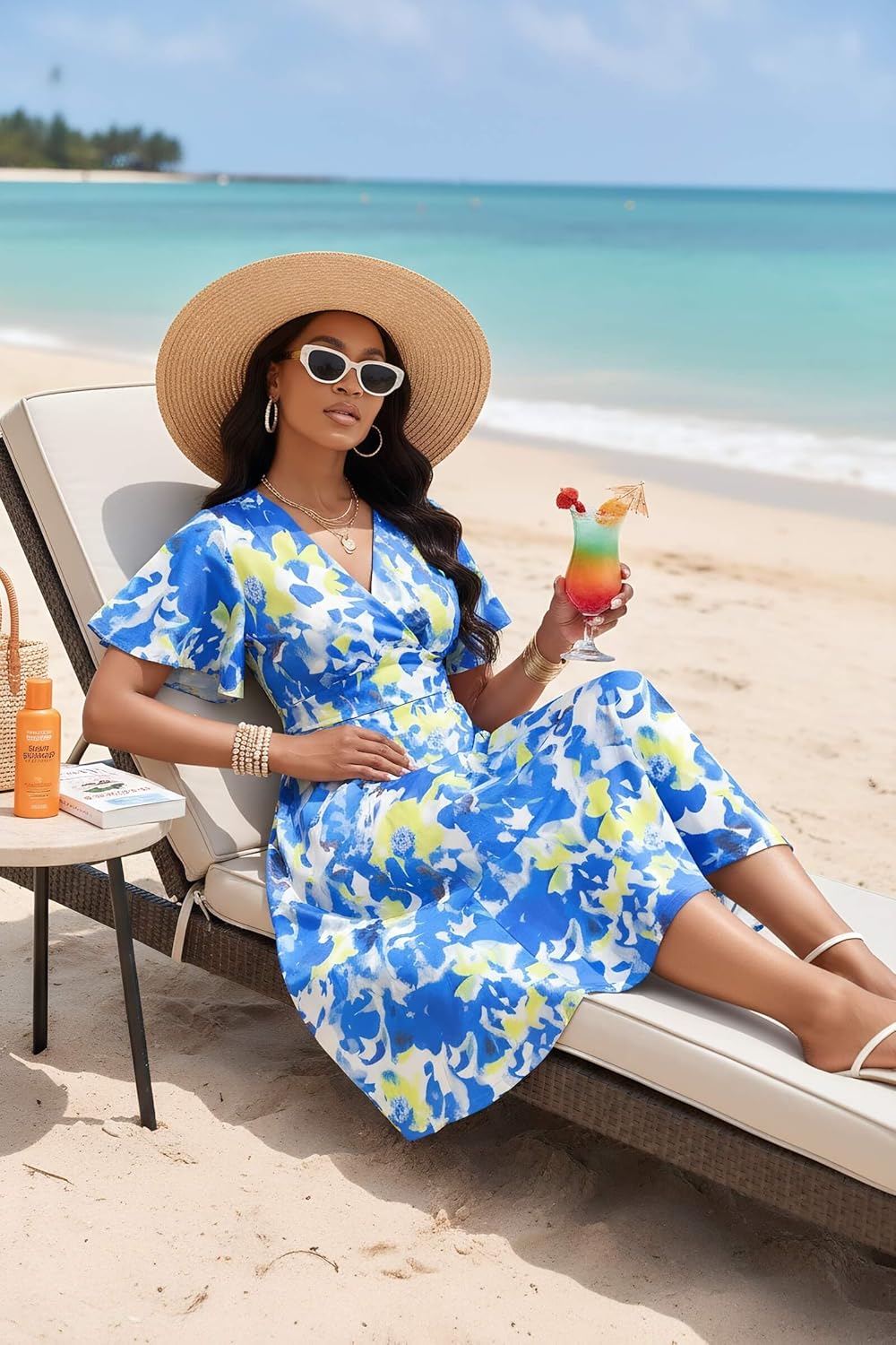 FANDEE Women's Casual Midi Dress Short Sleeve Ruffle V Neck Colorful Cocktail A-Line Flowy Loose Vacation Dresses - Image 2