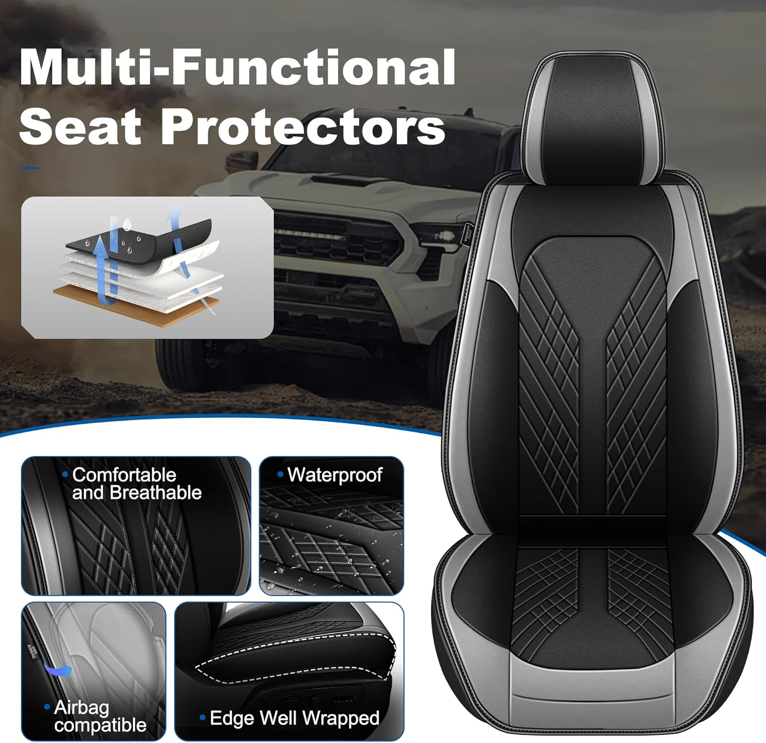 Seat Covers Full Set Compatible with 2024 2025 2026 Toyota Tacoma Double Crew Cab Waterproof Leather Seat Protectors Custom Fit for Trucks (Black&Grey)