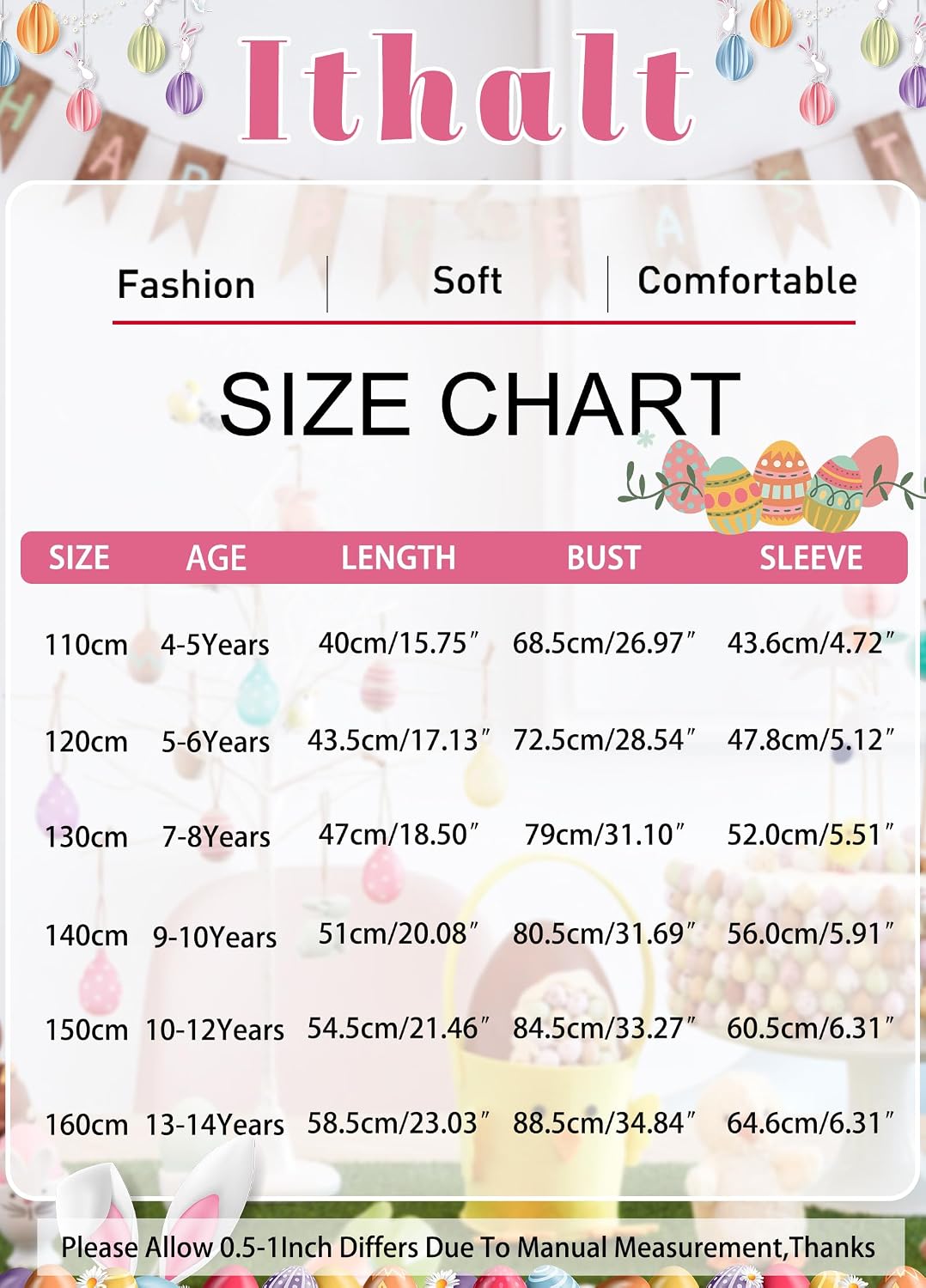 Ithalt Kids Easter Shirts for Girls Cute Bunny Graphic Tshirt Easter Long Sleeve Tops 5-14y