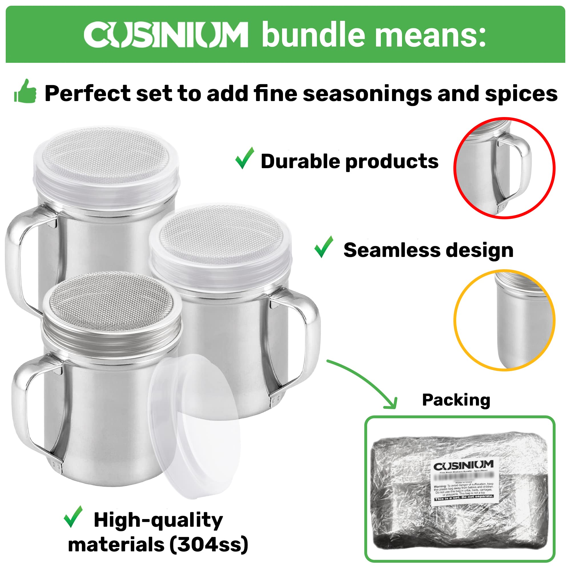 CUSINIUM Zimt-Zuckerstreuer mit Deckel – mit Griff – feinmaschiges Dredge Bundle – für Vanille, Mehl, Zuckerpulver