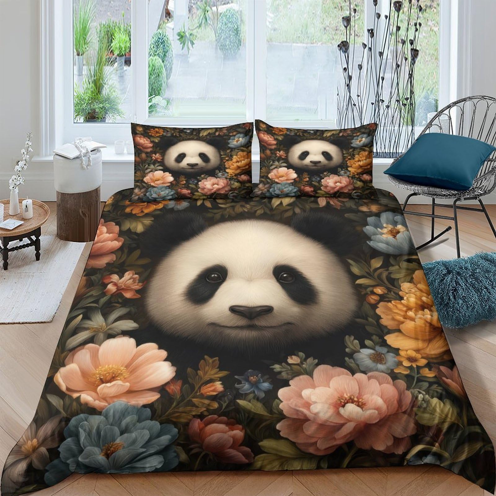 GPLZQXKJNH 3D Printed Panda Floral Duvet Cover Microfiber Soft Breathable Bedding Set with 2 Pillowcases for Bedroom Decor Single（135x200cm）