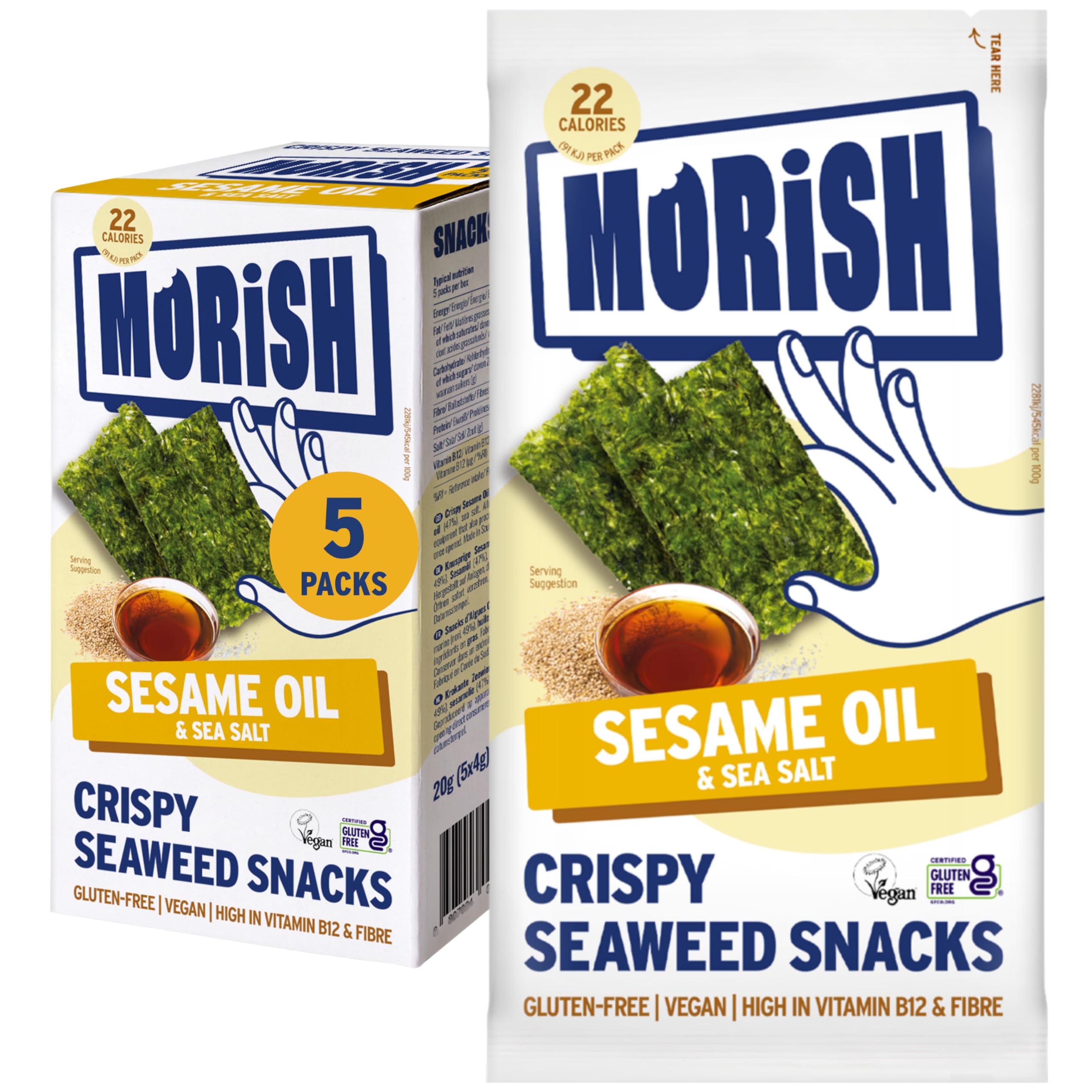 MORiSH Crispy Sesame Oil Seaweed Snacks | 5 Pack, 22 Calories Each | Light & Crispy Roasted Seaweed Thins | Vegan, Gluten-Free, Sugar-Free, Keto-Friendly | High Fibre & Vitamin B12 | Korean Snack