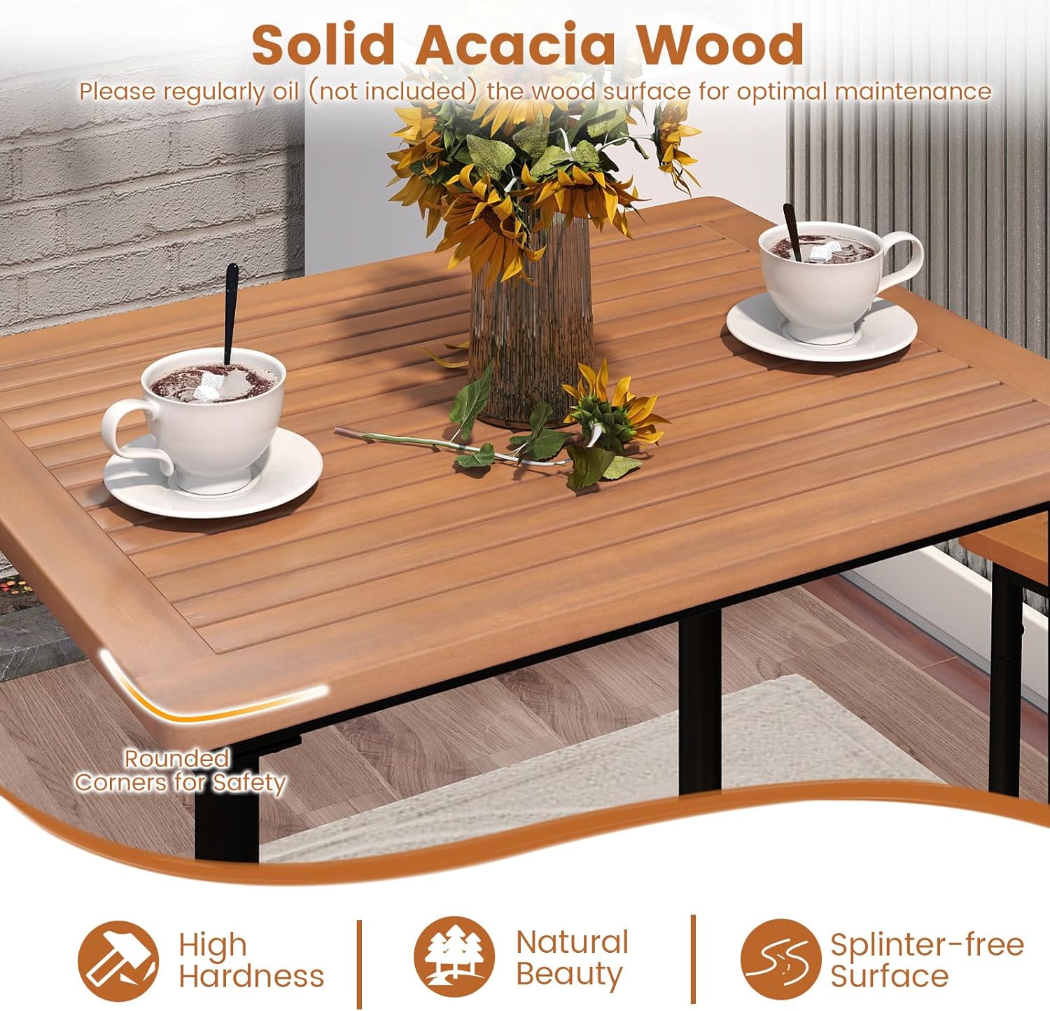 Tangkula 3 Pieces Acacia Wood Patio Bar Set, Space Saving Outdoor Bar Height Rectangular Table and Stools Set with Metal Frame, for Balcony, Deck and Backyard