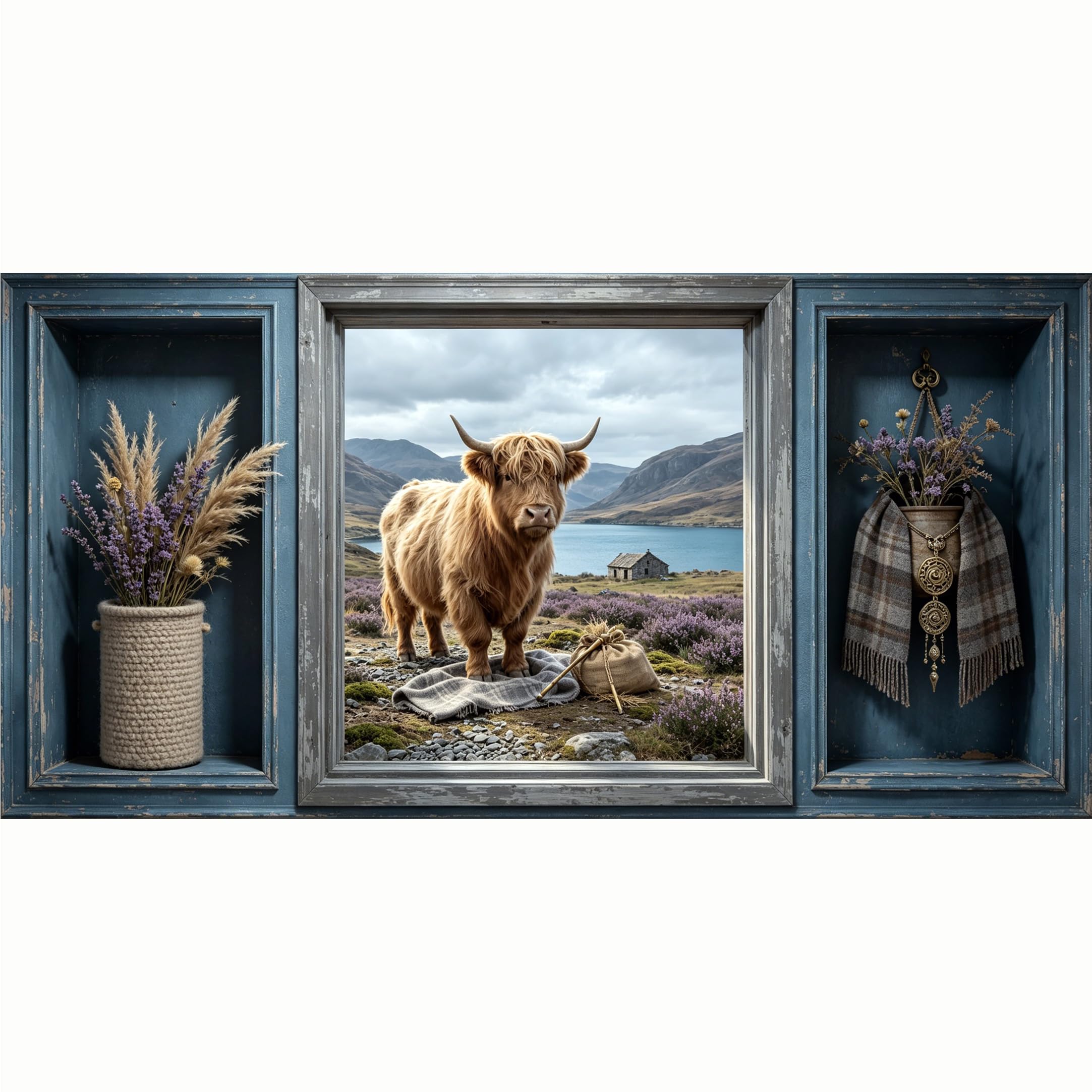 QZLITHOTIC 50x100cm 3D Framed Wall Art， Highland Cow Mountain Lake Landscape Farmhouse Rustic Style SelfAdhesive Mural， WaterActivated Peel & Stick Fabric Decor Wall Decal for Bedroom Living Room