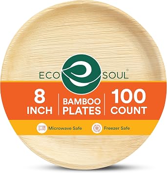 ECO SOUL 8 Inch Disposable Bamboo Plates 100 Pack, Round