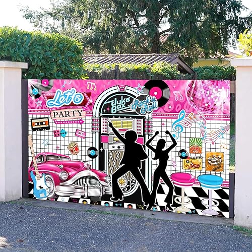 Miniatura 6 de Mocsicka Telón de fondo retro de los años 50 para fiesta de comedor Rock and Roll, decoraciones de fiesta de los años 50, fondo de cabina de fotos,