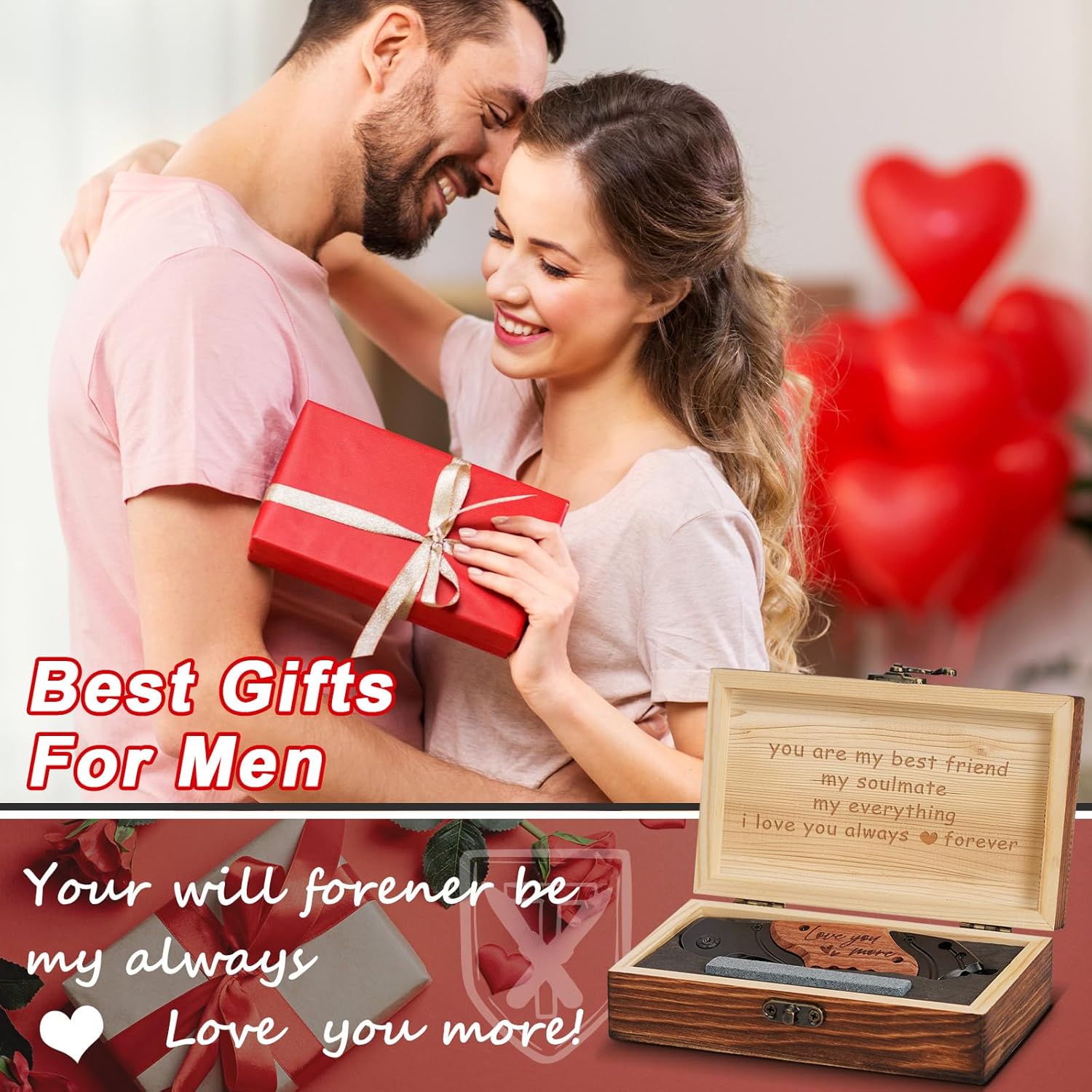 Gifts for Men Him Husband Fathers Day, Anniversary Birthday Gifts for Him Boyfriend, Birthday Gift ideas, Engraved Pocket Knife, Wooden Handle Folding Knife with Wood Box, Personalized Mens knife