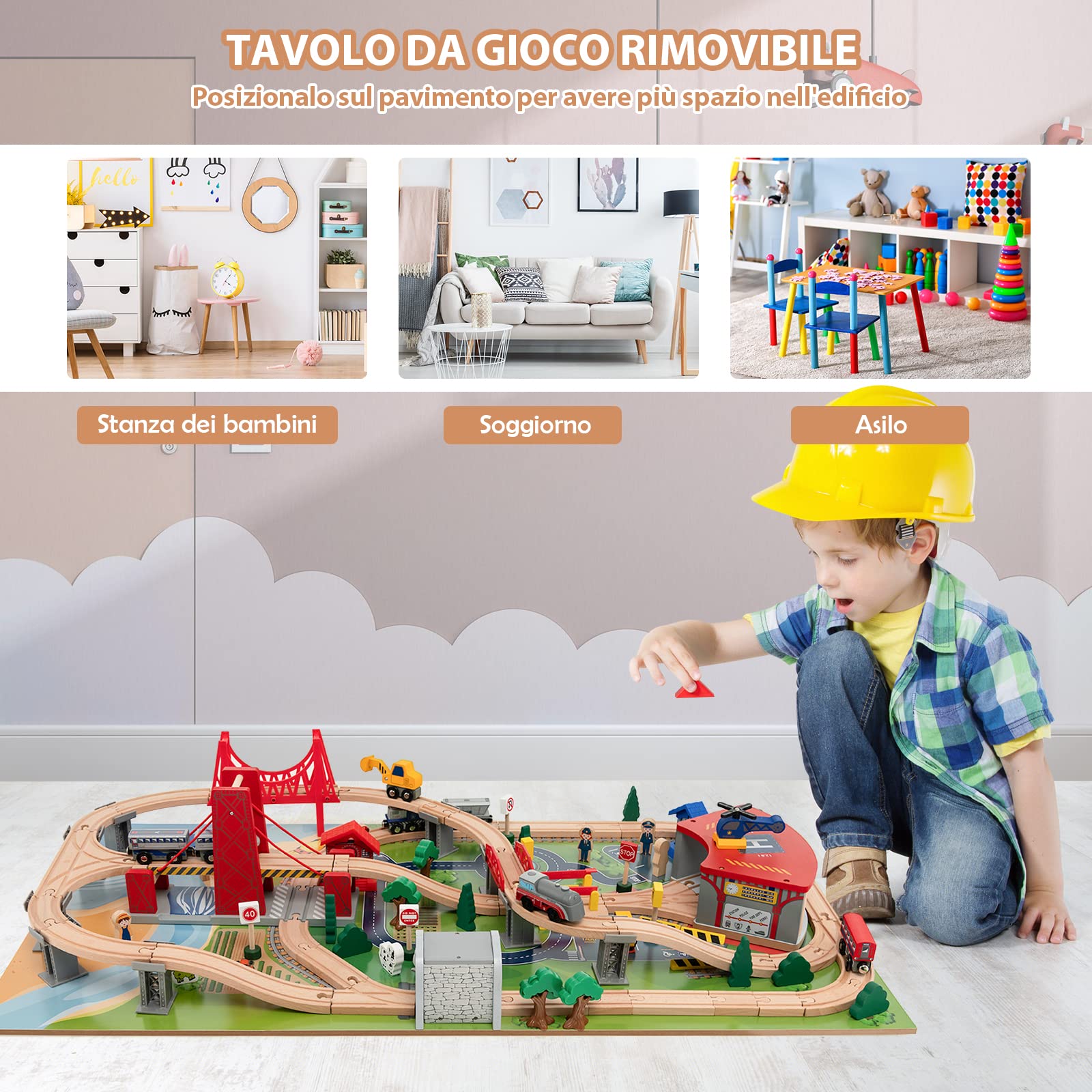COSTWAY Tavolo e Set Treno Giocattolo in Legno, Set da Gioco Creativo Treni e Binari per Bambini con 100 Pezzi, Trenino per Bambini Anni 3+