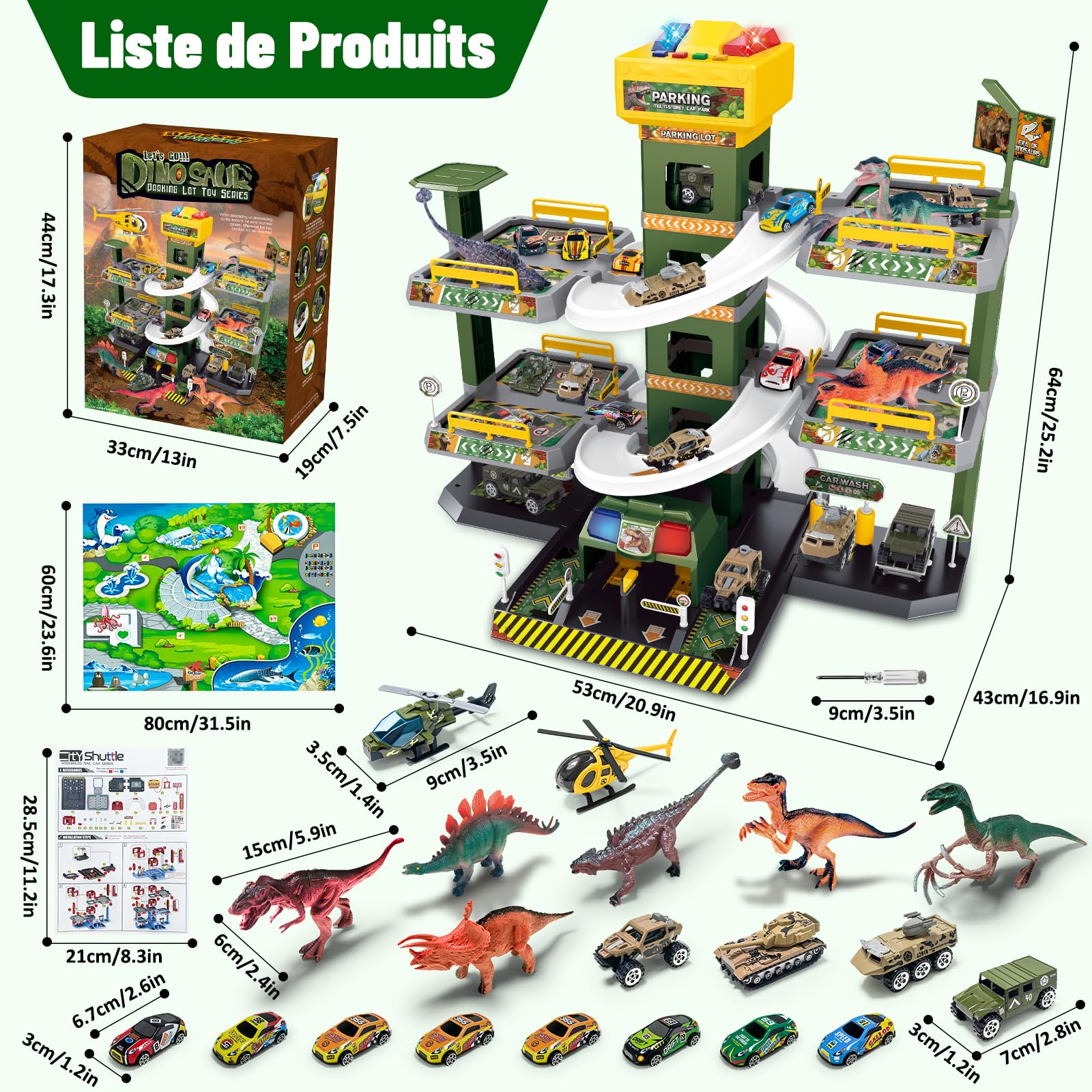 BuzzoXerex 5 Etages Garage pour Enfants, Piste de Course avec 14 Voitures et 2 Hélicoptère, Jouet Garage Voiture avec Ascenseur Electrique Circuit, Cadeaux pour Enfants 5 6 7 8 9 Ans (Dinosaure)