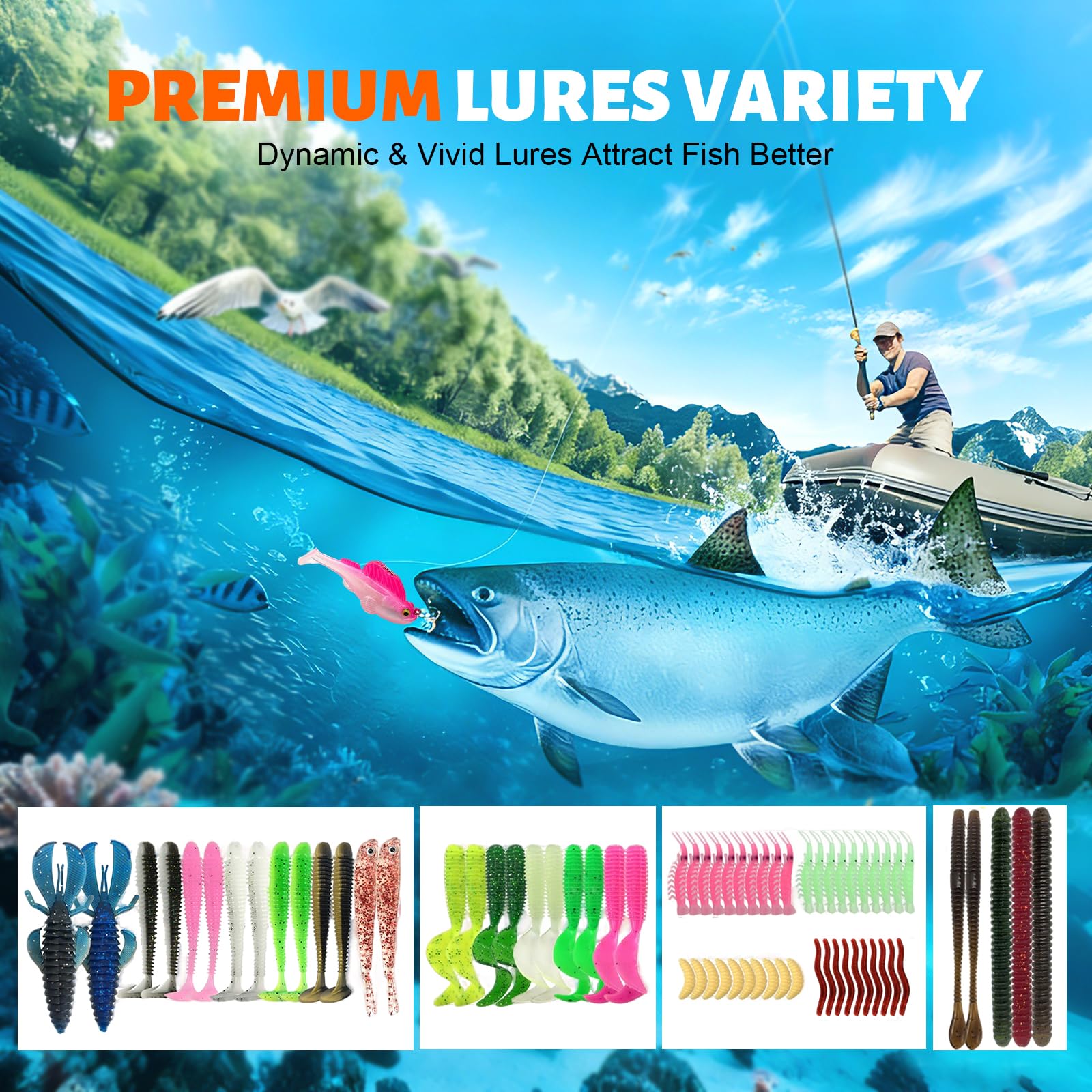 Juego de accesorios de pesca, juego de 367 señuelos de pesca y juego de herramientas con clips de labios, extractor de gancho, caja de cebo con accesorios, equipo de pesca, cebo para lucio