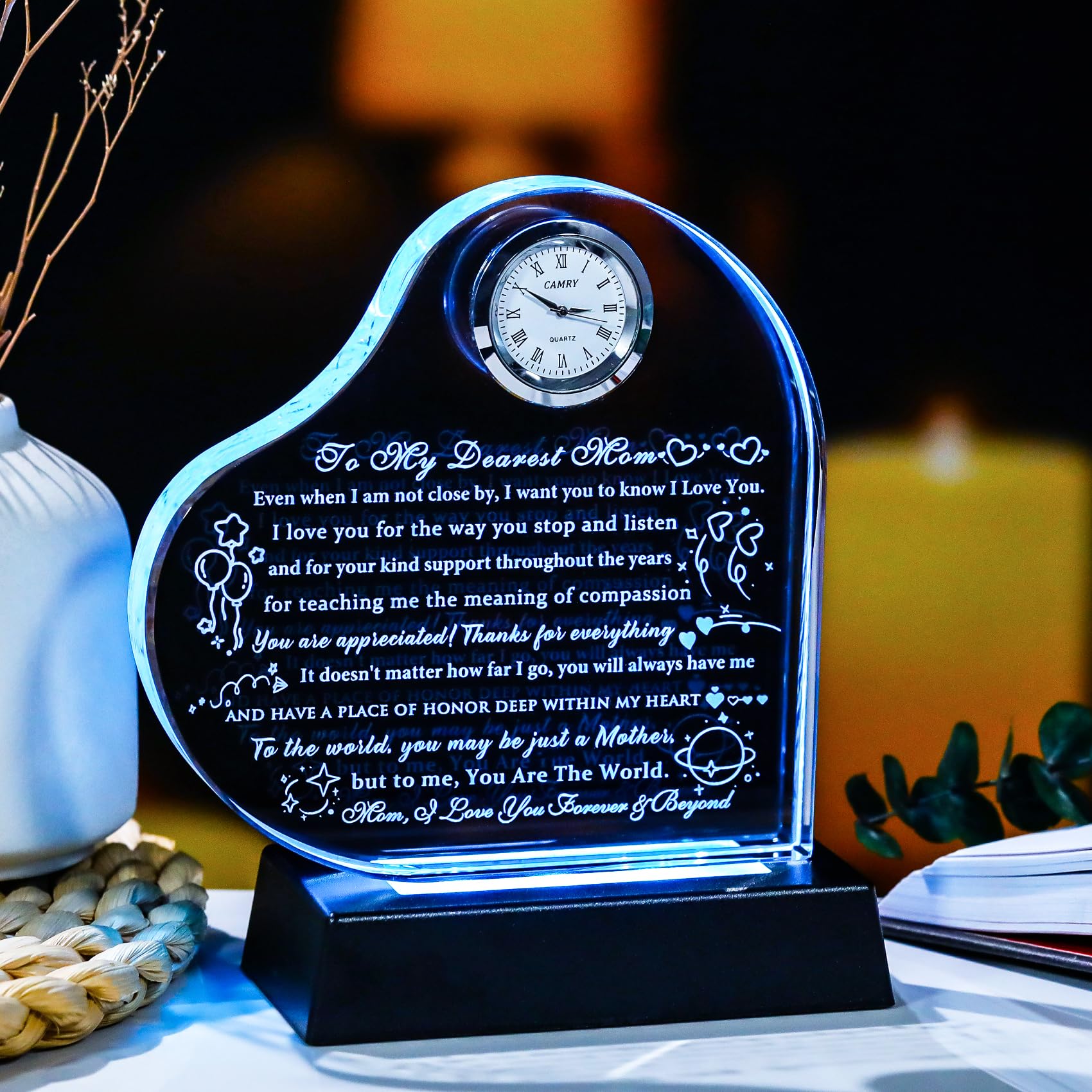 YWHL Cadeau d'anniversaire pour maman de la part de sa fille et de son fils, cadeau unique en forme de cœur pour ma mère avec base LED colorée pour Thanksgiving, Noël, Saint-Valentin, fête des mères