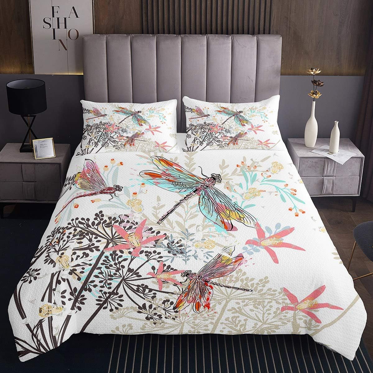 Feelyou Dragonfly Bedspread Botanical Flowers Coverlet for