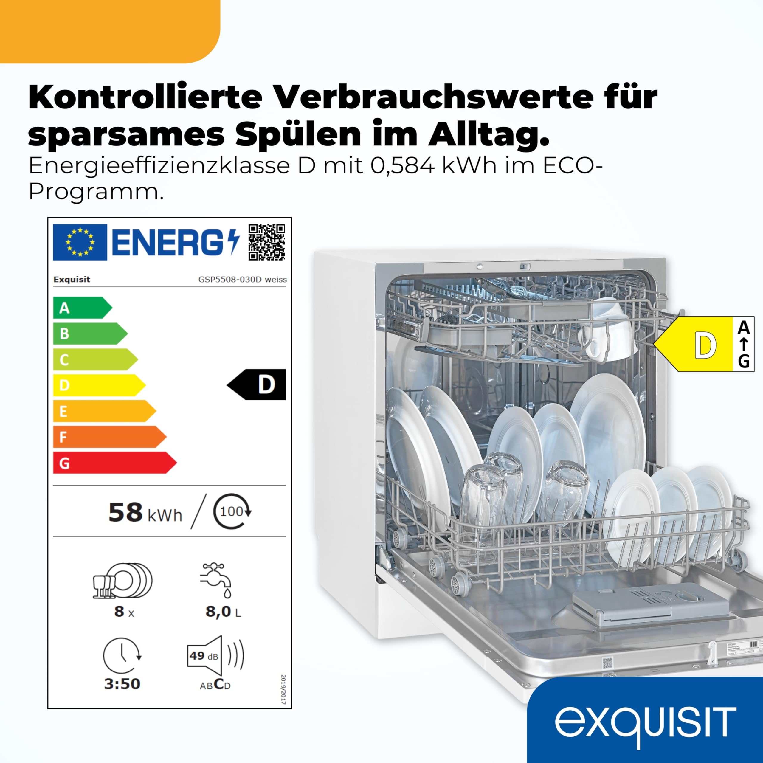 Exquisit GSP5508-030D Tischgeschirrspüler Spülmaschine Weiß 8 Maßgedecke Energieklasse D 7 Programme Extra-Trocknung Auto Door Open Innenbeleuchtung Startzeitverzögerung 49 dB