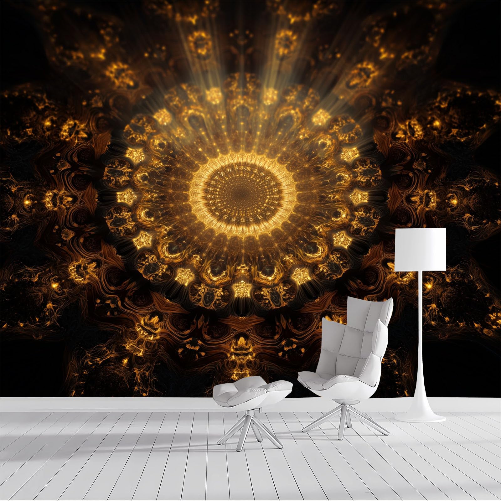 Papier peint mandala géométrique noir | Poster mural panoramique salon et chambre