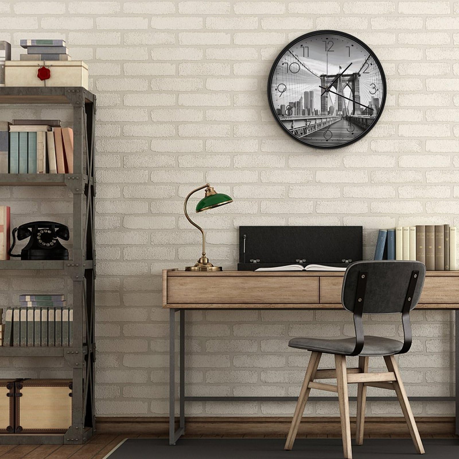 Orologio da parete con ponte di Brooklyn, silenzioso, senza ticchettio, moderno, a batteria, rotondo, analogico, classico, per camera da letto, cucina, ufficio