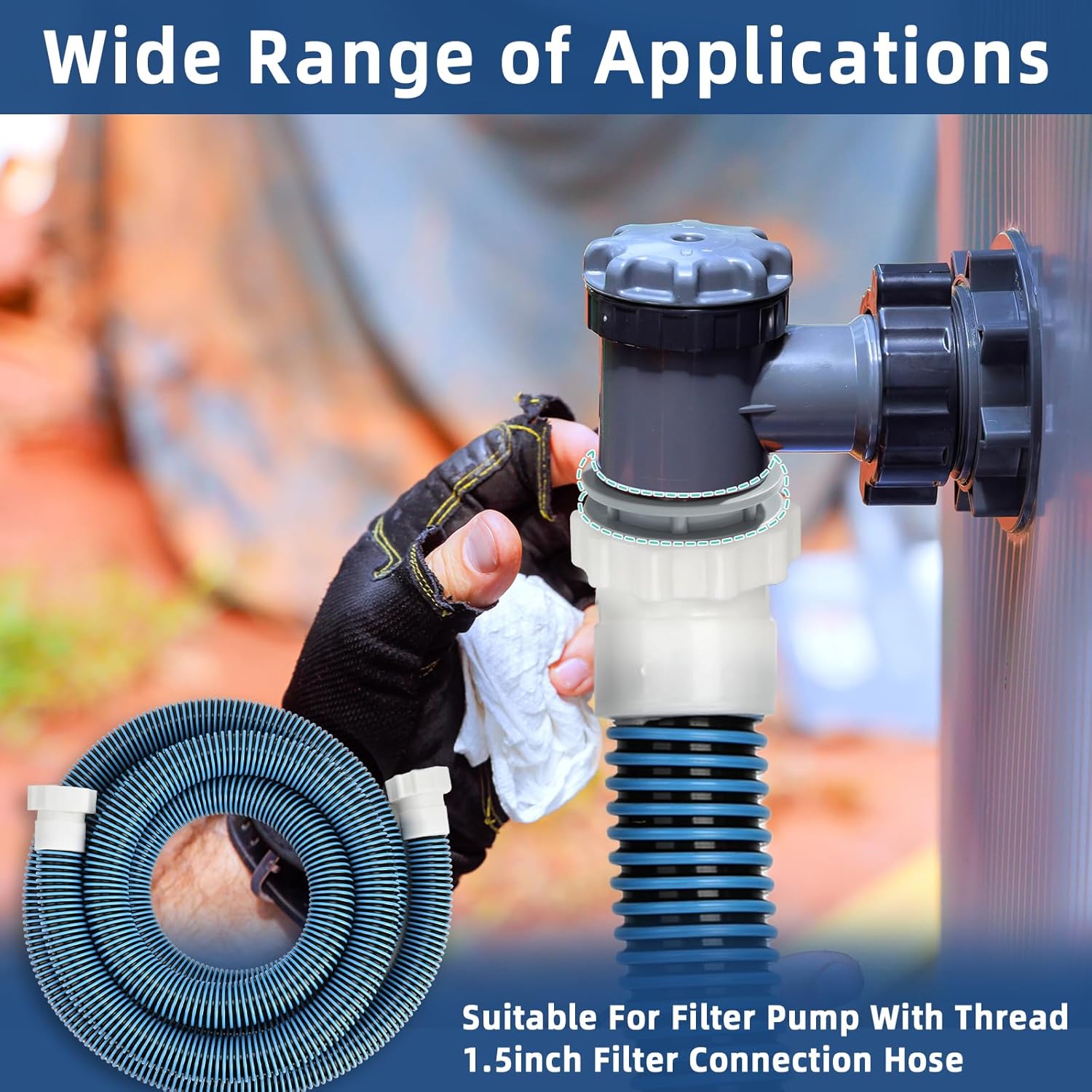 1.5" 15 Ft EVA Pool Professional Hoses with Conversion Adapter for Above Ground Swimming Pools Pump Replacement Hoses Heavy Duty Filter Connection Hose for Pool Accessories(Blue)